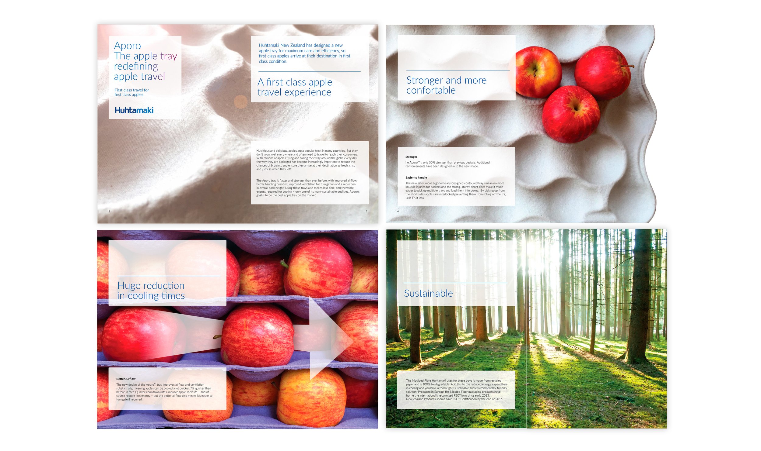 Hutamaki created a ground-breaking apple tray - we created the PowerPoint 'brochure' to look like a first class travel brochure. The large images and copy in panels highlighted the benefits of this new tray. We included animations to bring the images