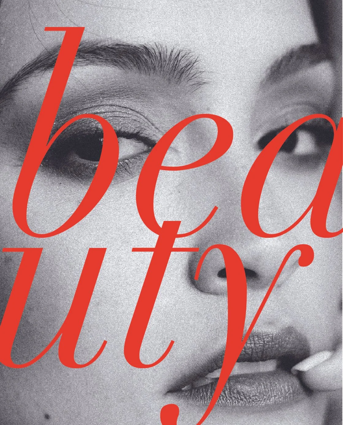 Black and white close-up photo of a woman's face, focusing on her eye and mouth, with bold red text overlaying that reads 'healthity'.