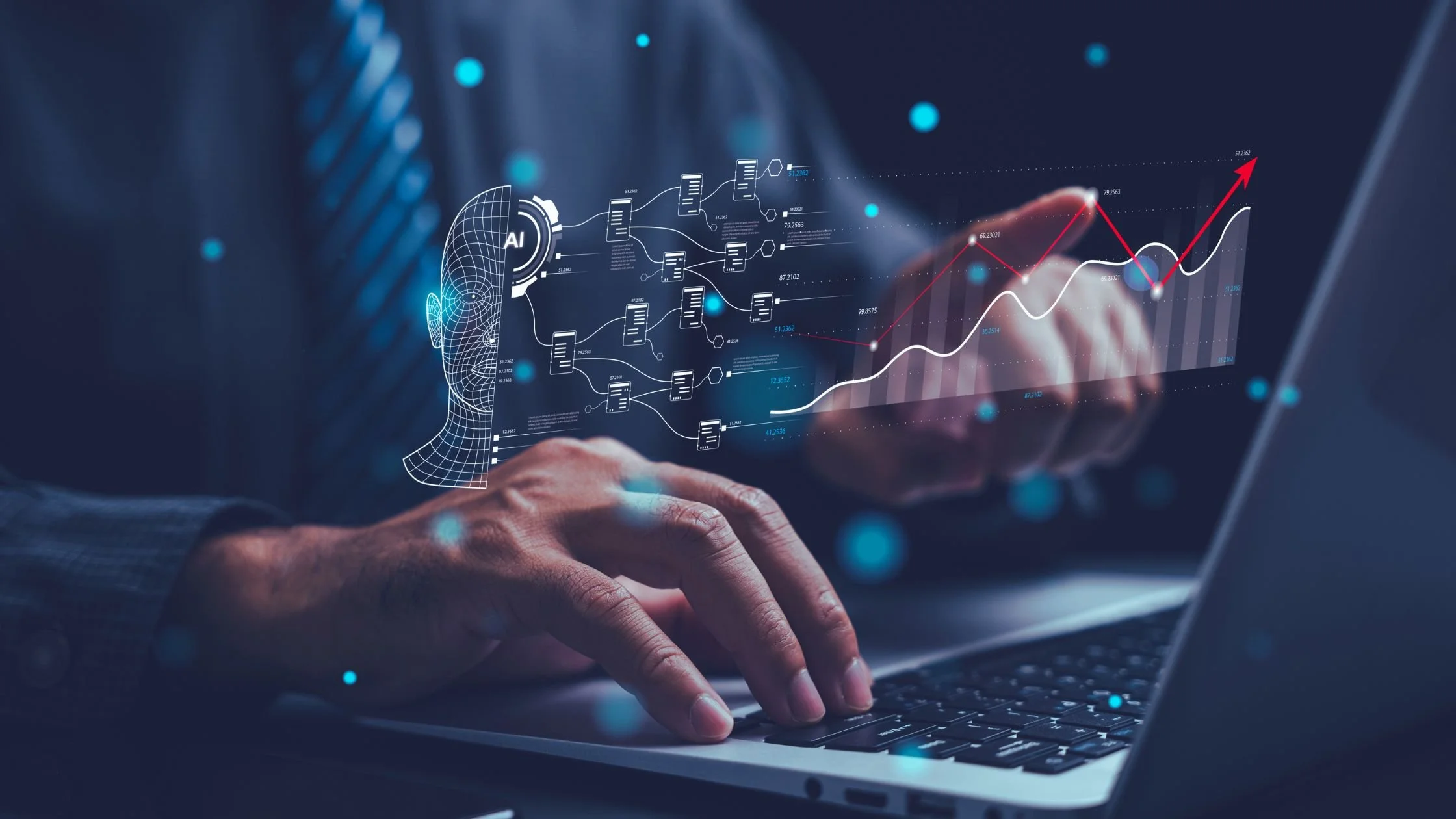 Business professional using AI-powered analytics and search technology on a laptop, representing AI search marketing and the future of SEO.