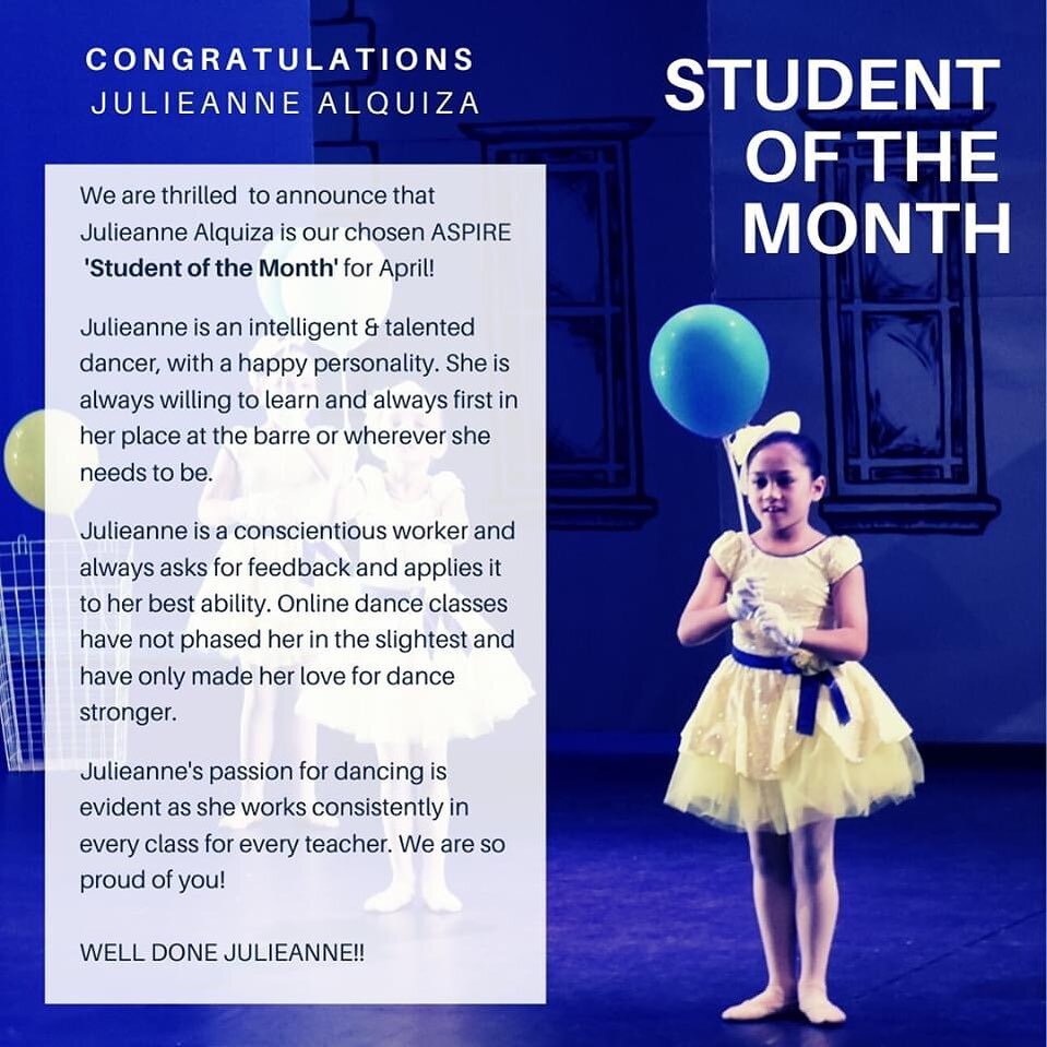 Lovely Julieanne. Congratulations for being selected as our junior Student of the Month for April! Well done and very deserving! #youngdancer #studentrewards #somuchenergy #practisemakesprogress