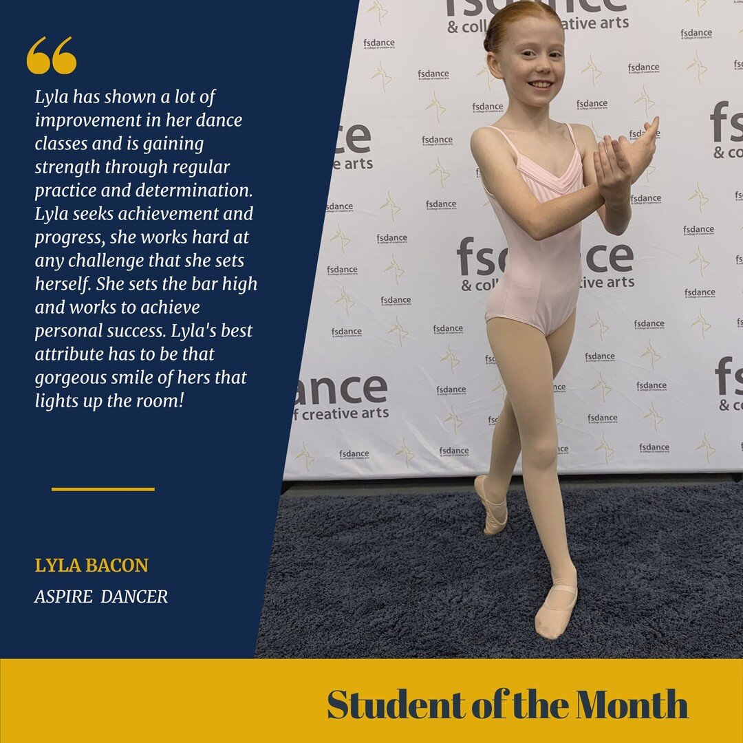 Congratulations to Lyla Bacon for being selected as STUDENT of the MONTH for October! This young lady has worked very hard this month and is achieving so much progress and personal success! Go Lyla!

#dancer #littledancer #beautifulsmile #balletexams