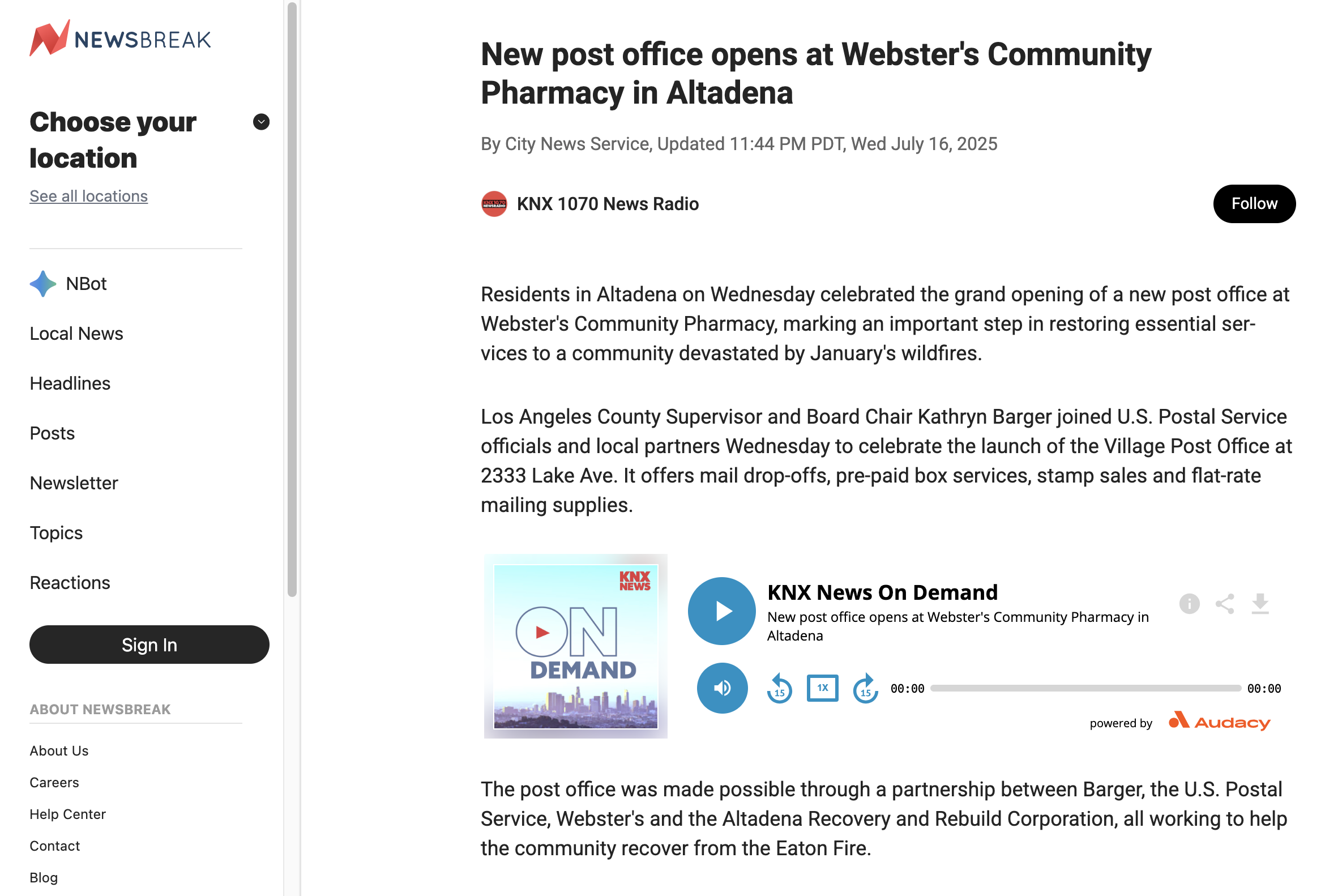 New post office opens at Webster's Community Pharmacy in Altadena. KNX Radio, July 2025