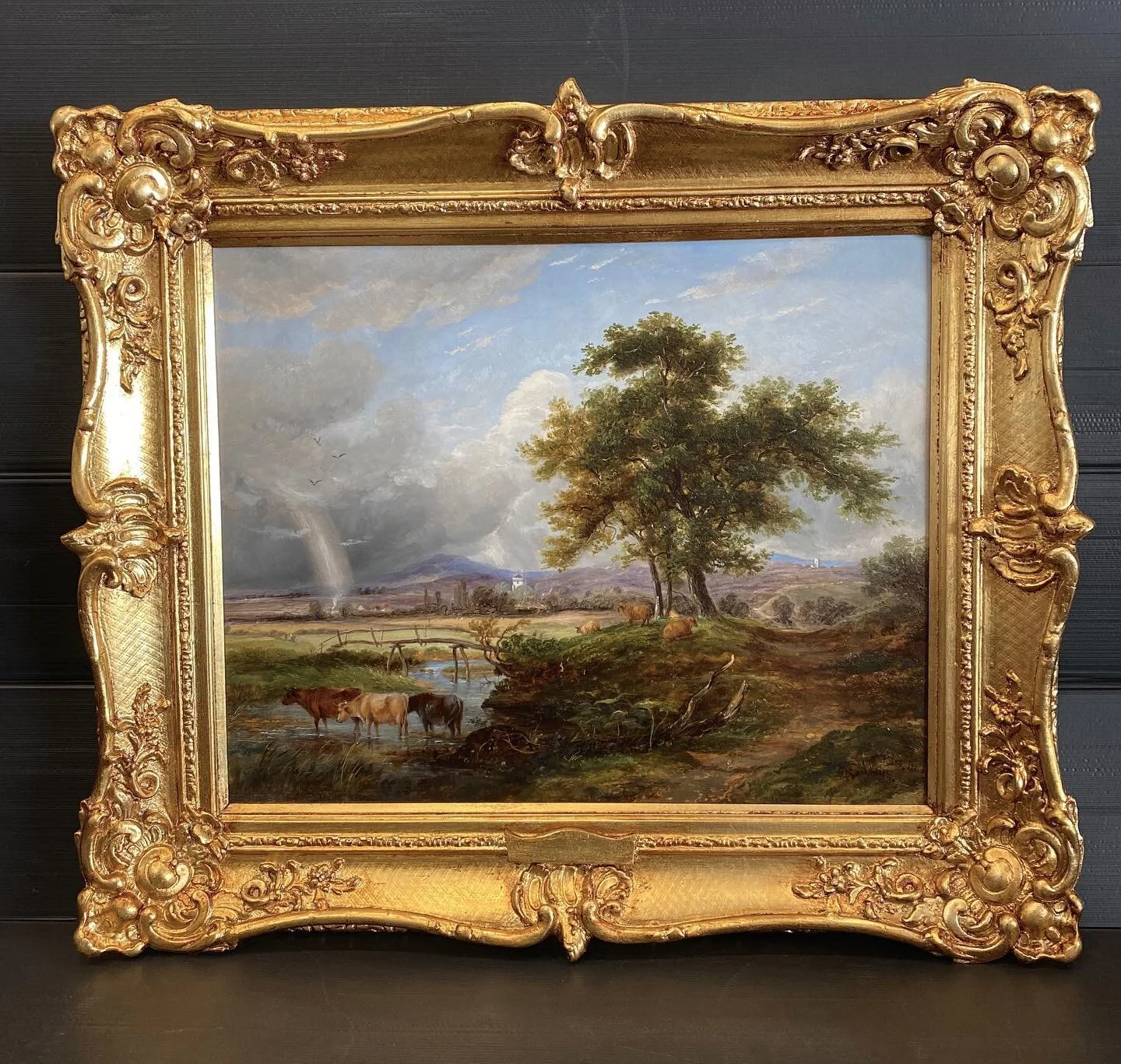 Our recent restoration and gilding of this ornate frame housing an oil on canvas titled&rsquo; &lsquo;Up Country&rsquo; cleaned and restored by @dawsonrestoration