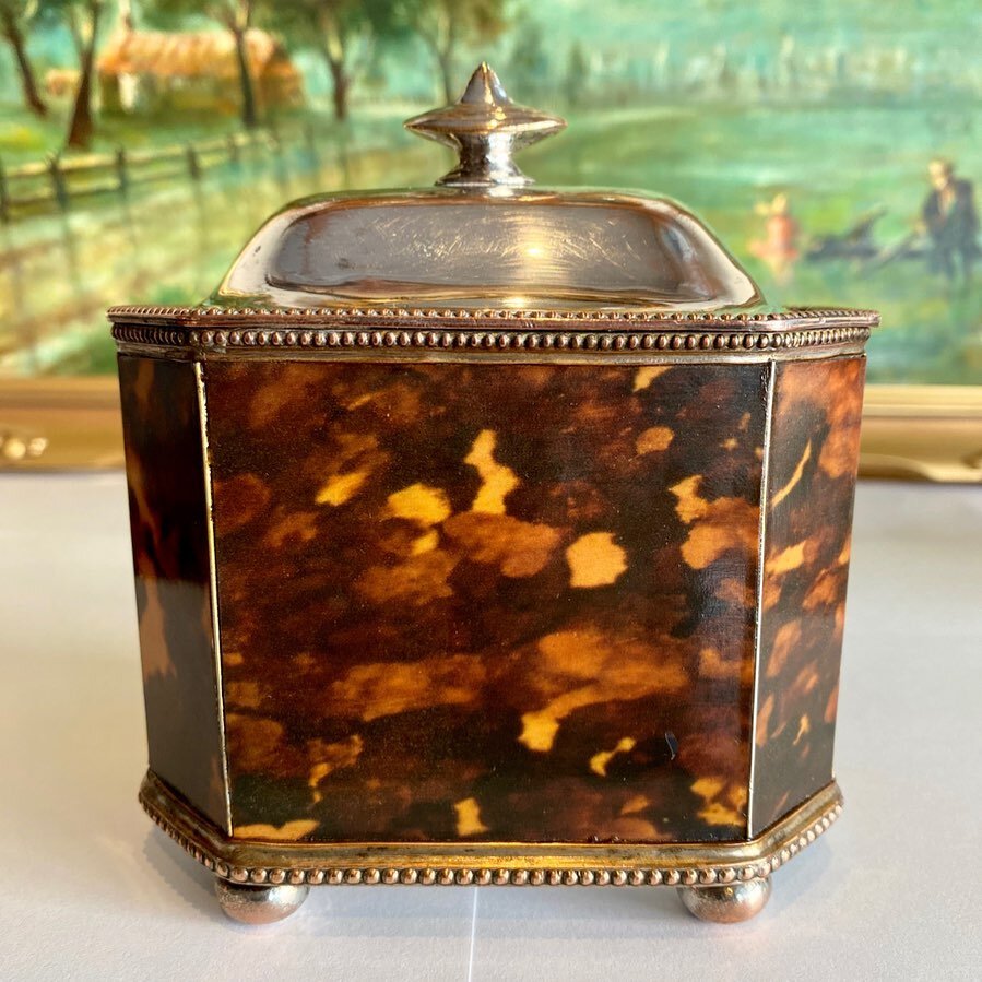 Just Arrived ~SOLD . A delightful tortoise shell, raised shaped top tea caddy of small proportions, silver stringing and trimming.