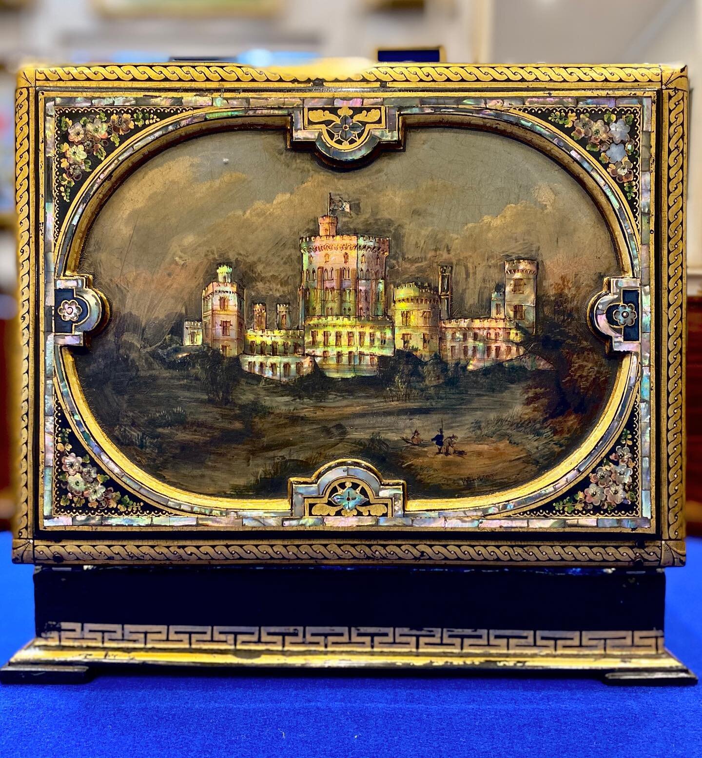 SOLD ~ Recently arrived is this superb 19th century papier-mâché writing slope, decorated with beautiful gilt borders and painted florals and a magnificent mother of pearl and painting depicting Windsor castle.