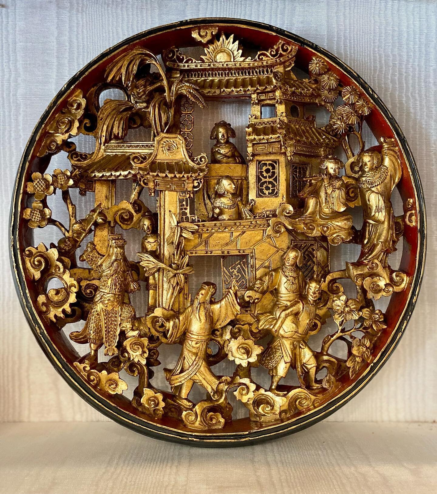 Our restoration of this magnificently carved 19th century Chinese wall plaque featuring gilt figures.