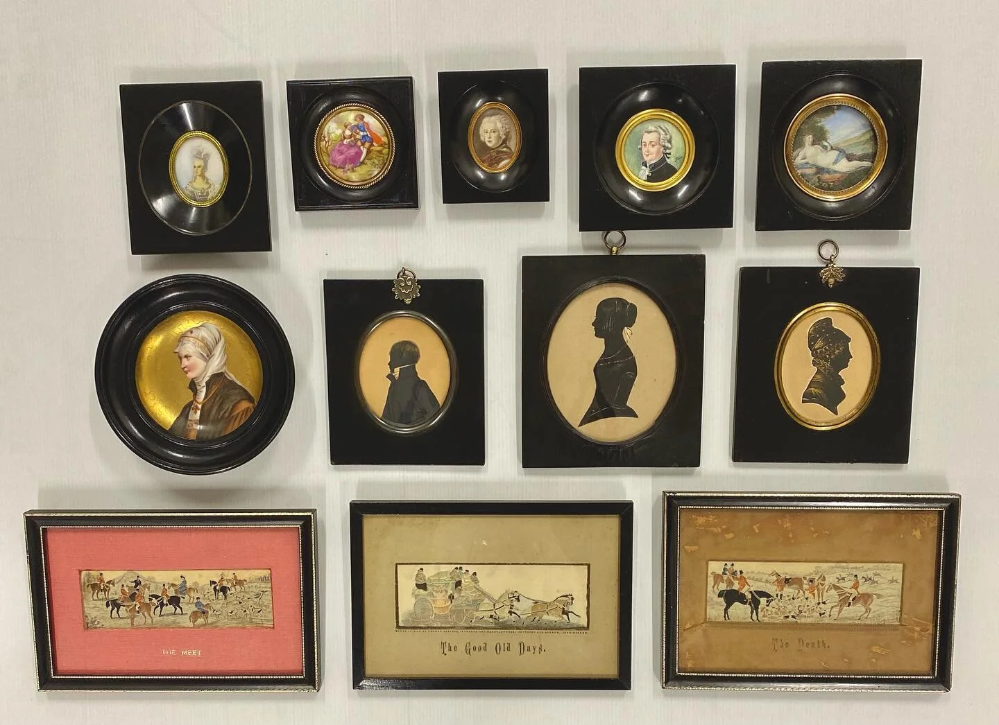 Just Arrived ~ A selection of 19th century hand painted miniatures on ivory and porcelain, silhouettes in their original ebonised frames and pure silk woven Stevengraphs by Thomas Stevens.