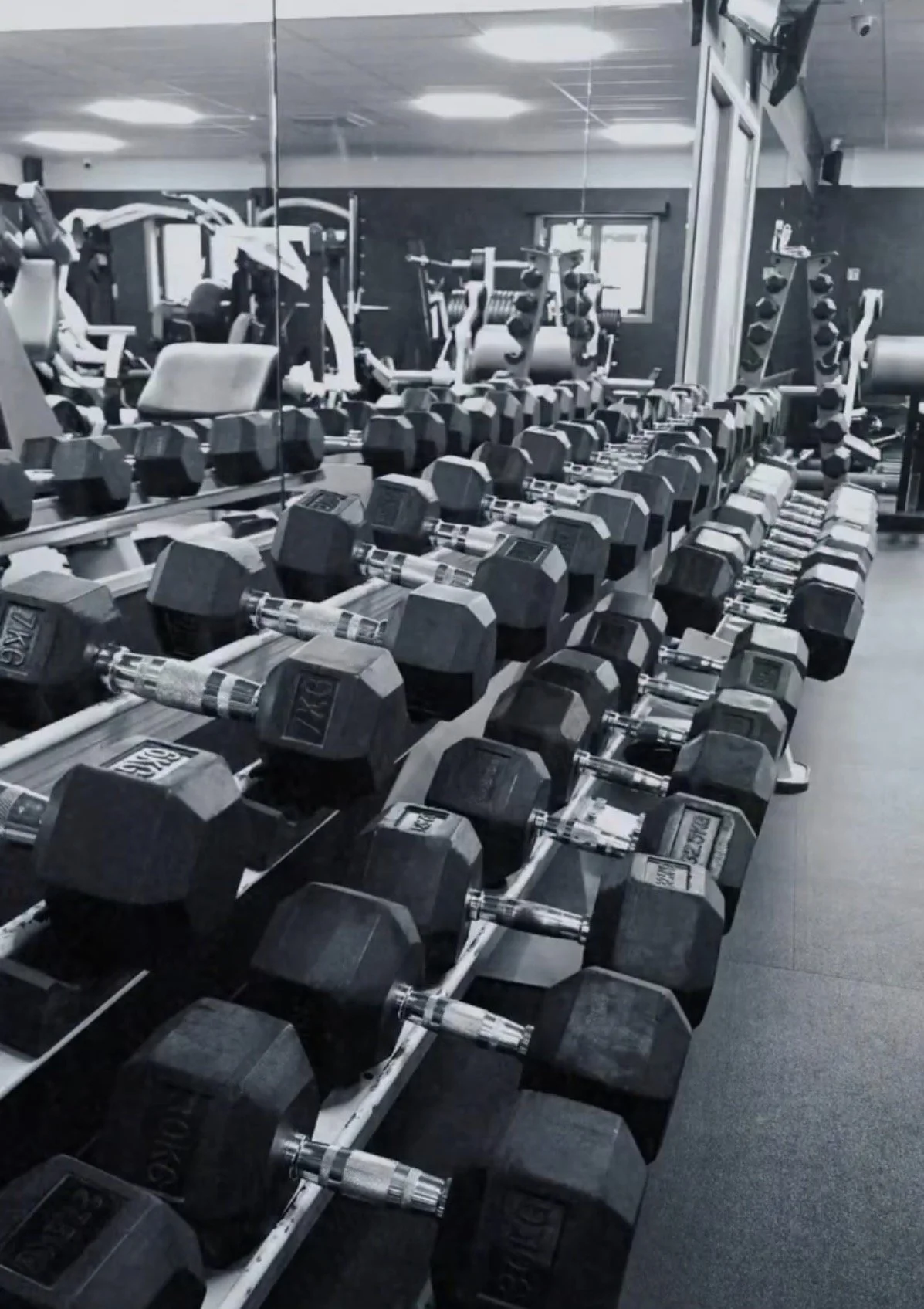 Rij dumbbells in een fitnessruimte, met een spiegel en fitnessapparatuur op de achtergrond.