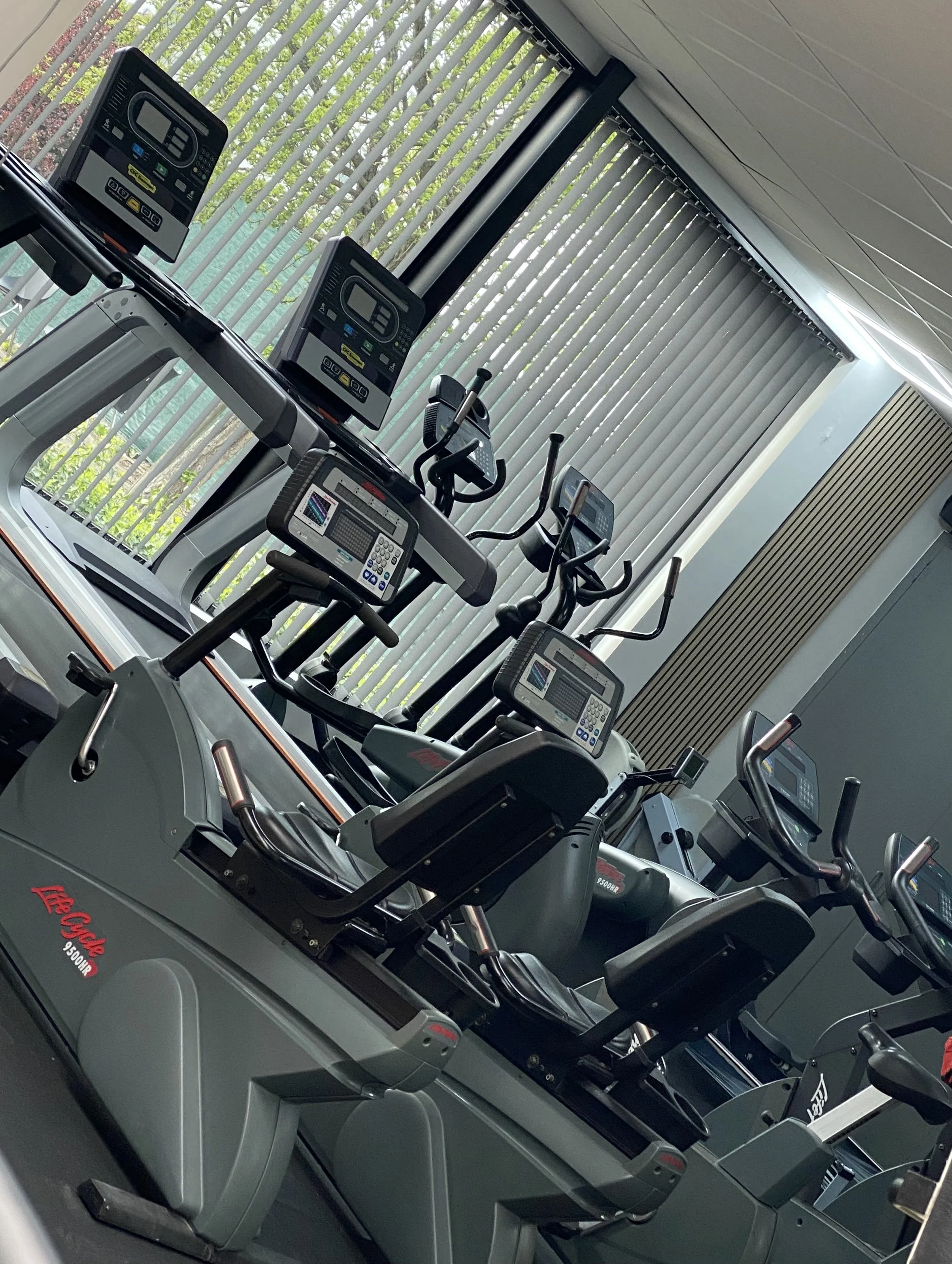 Fitnessruimte met loopbanden, hometrainers en cardio-apparatuur op een tussenverdieping