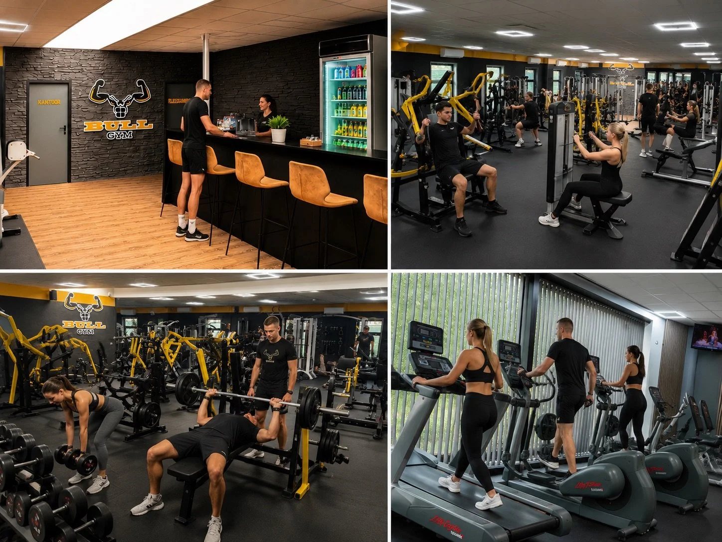 Vier foto's van een sportschool. De eerste foto toont een receptiebar met drie lege stoelen, een man die aan de bar staat en een vrouw die de bestelling oplegt. De tweede foto toont een fitnessruimte met meerdere mensen die krachttraining doen met gewichten en machines. De derde foto toont een ander deel van de sportschool met mensen die zich richten op krachttraining met gewichten en halters. De vierde foto toont mensen op loopbanden enroen cardio-apparatuur in een ruimte met grote ramen en uitzicht op buiten.