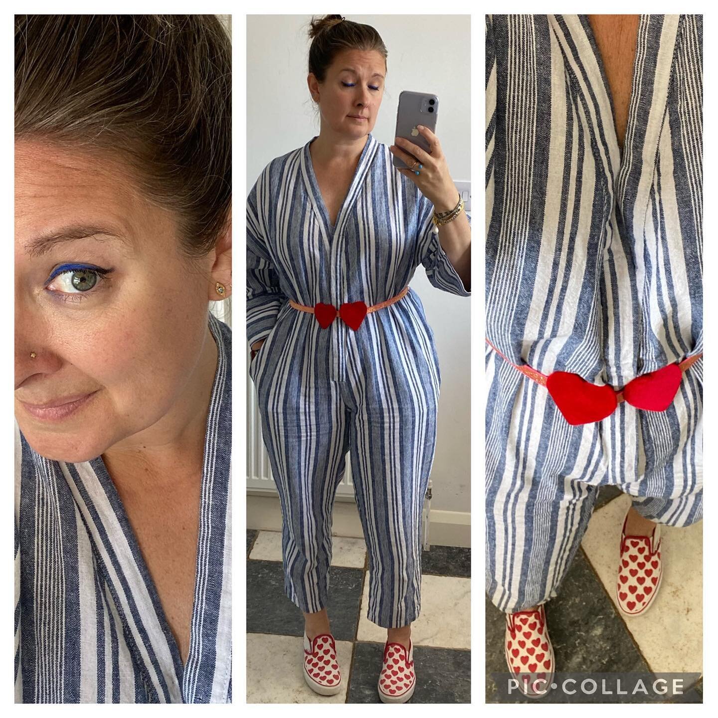 My fashion: stripes and hearts &hearts;️
.
The sun is out ☀️ and it&rsquo;s one-piece dressing again for me.
.
This striped linen jumpsuit is another firm favourite and multi-seasonal stalwart. It is perfect to show off my heart &hearts;️ belt from t