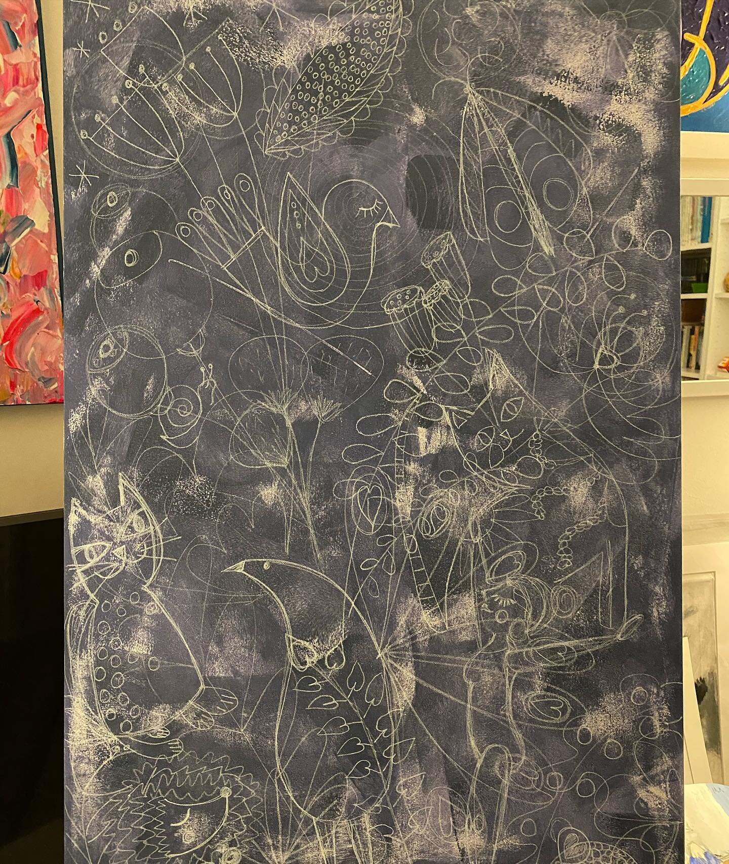 Art - Midnight Garden.
.
It&rsquo;s midnight and I&rsquo;m working on my midnight garden piece.
.
I just wanted to sketch out the start of this piece before we go away for the long weekend.
.
I&rsquo;d already done a rough blue background so my chalk