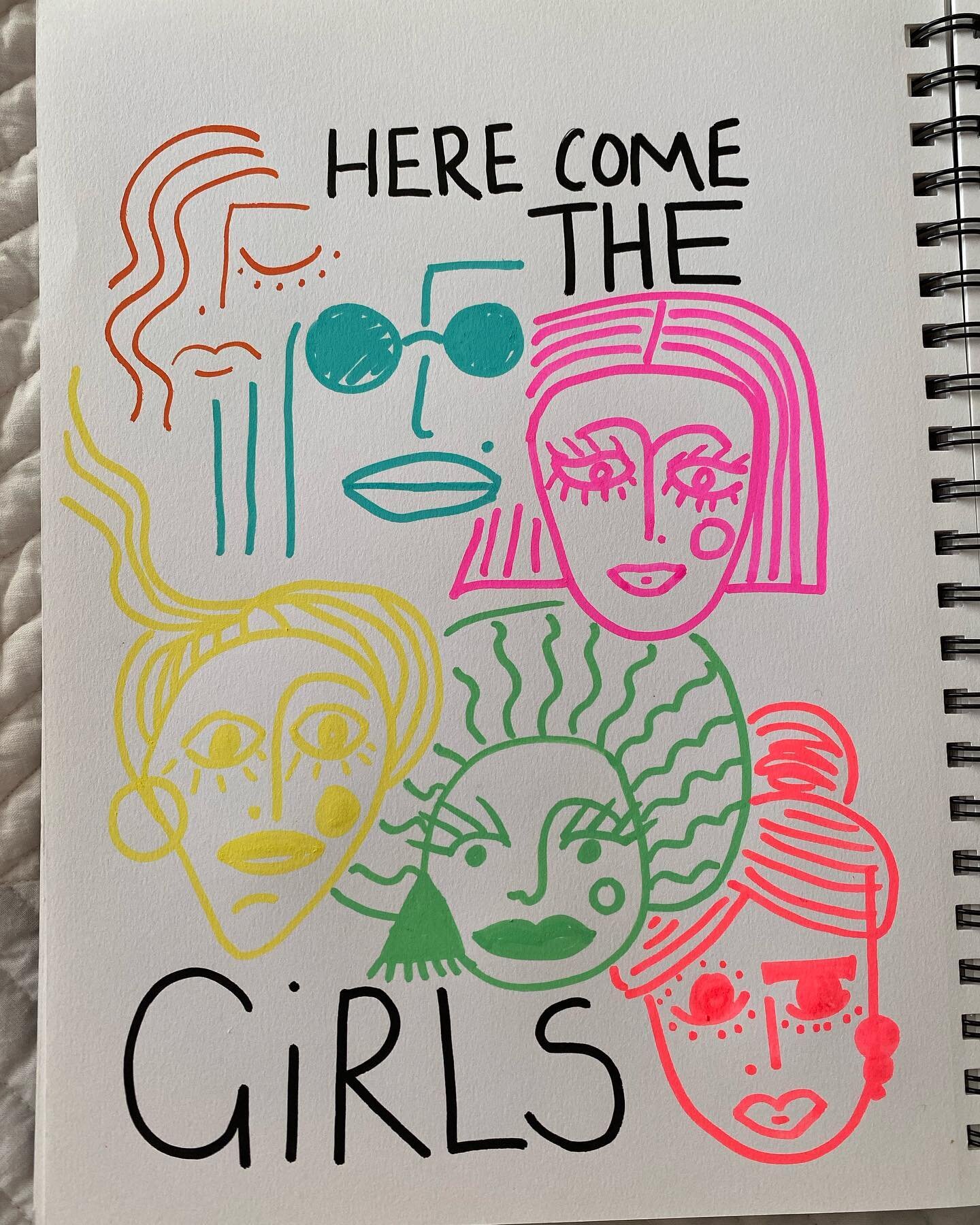 Art - Here Come The Girls sketchbook doodle.
.
A colourful doodle for a sunny bank holiday morning.
.
We had our first night away from the children in six and a half years.
.
We spent it in Exeter reminiscing about student days here and celebrating a