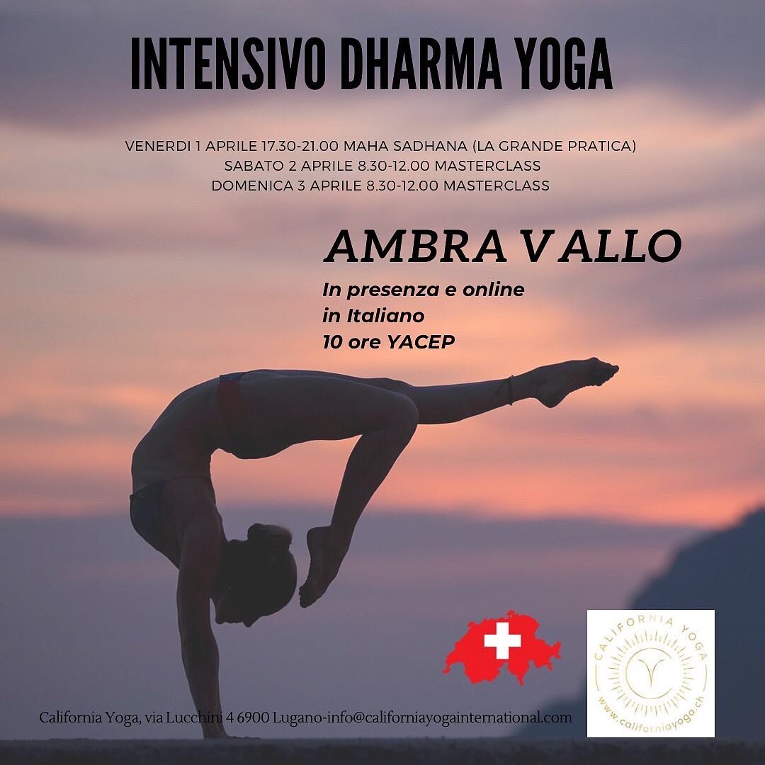 Un weekend di immersione di #dharma Yoga con @ambrasana 1-2-3 aprile in presenza e online in italiano. 

Approfitta dello sconto applicato alla formazione completa. 

Informazioni e iscrizioni 
per email a info@californiayogainternational.com.

DHARM