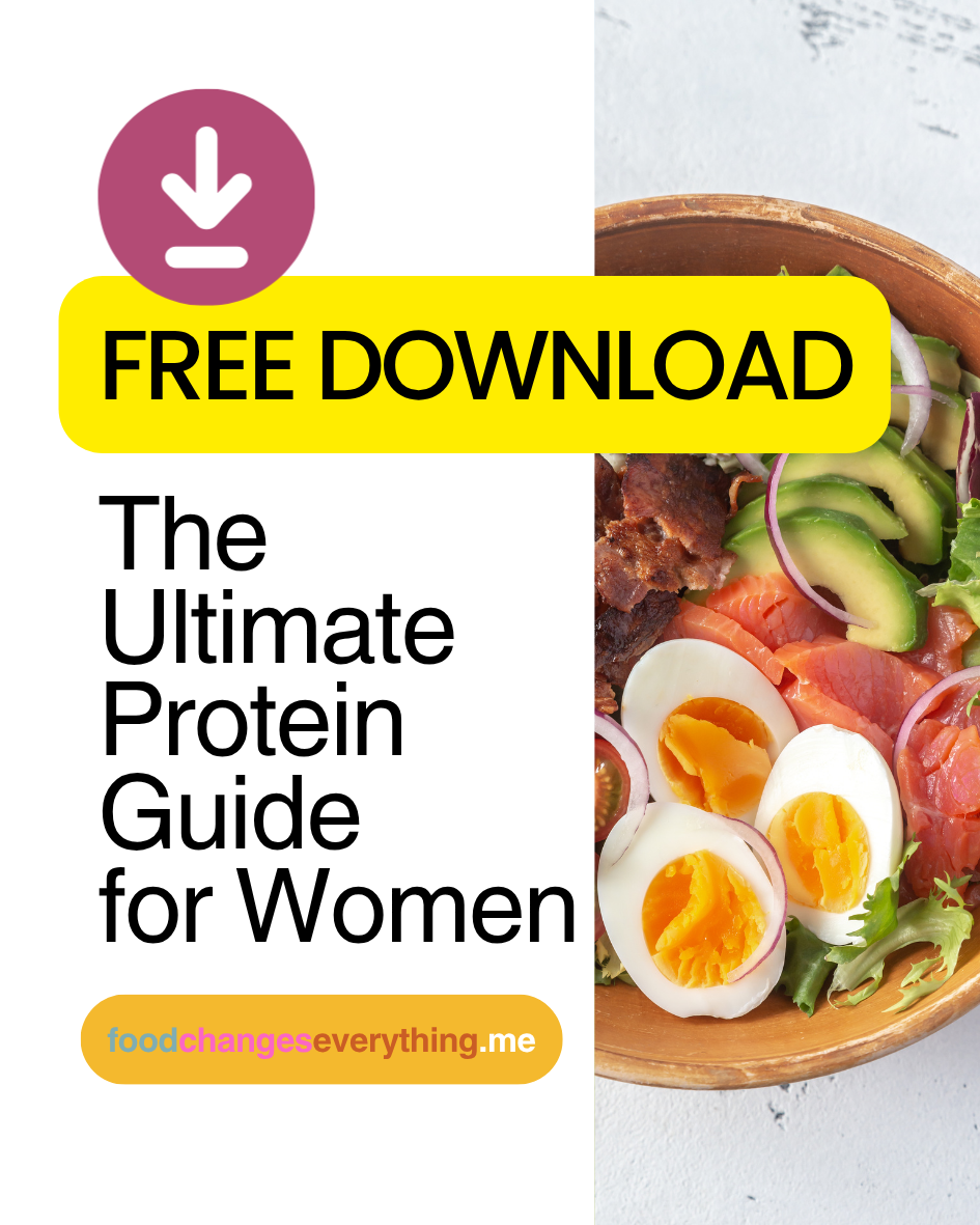 Cover of a guide titled 'The Ultimate Protein Guide for Women' with a partial view of a salad with boiled eggs, avocado, smoked salmon, and other vegetables, and a bowl of chili or stew in the background.