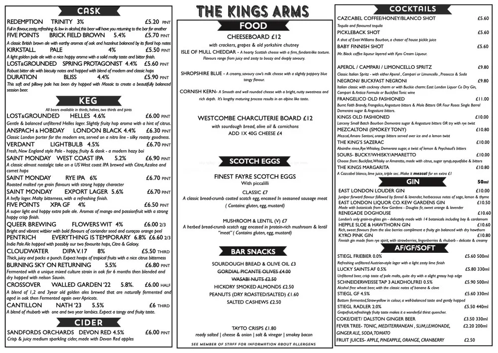 Kings Arms Newcastle Upon Tyne Menu