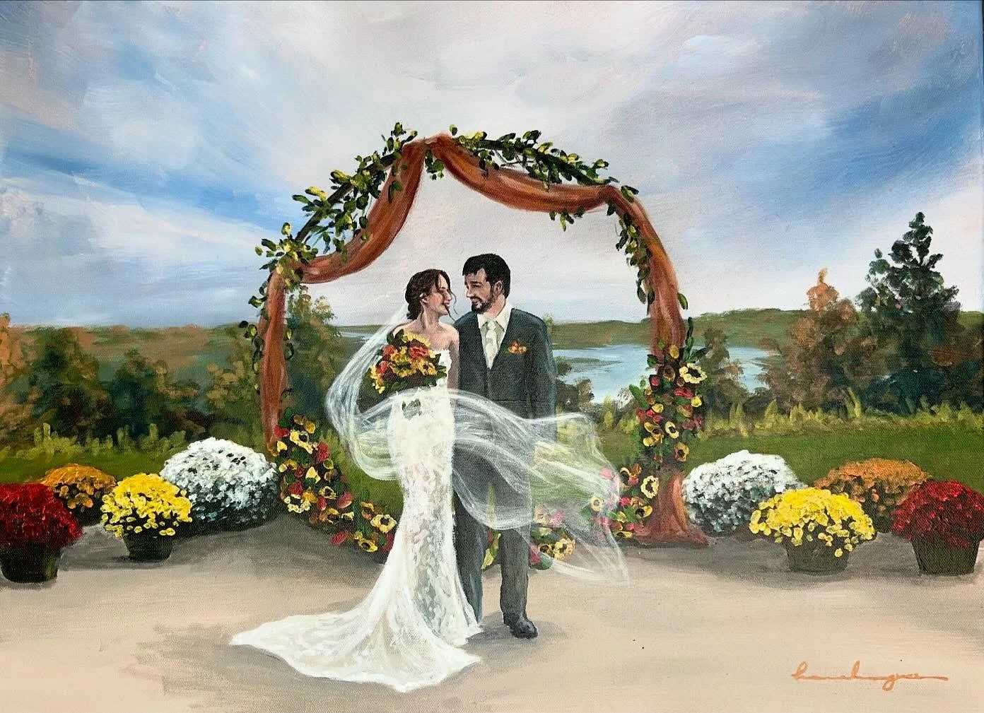 The Howes🍂
10.18.25
18x24 - The Classic

Wow were these flowers popping and the wind blowing!!!There were a few causualties from this wedding (including my easel - r.i.p) as I painted through the 30 mph winds BUT it allowed me to paint the most beau