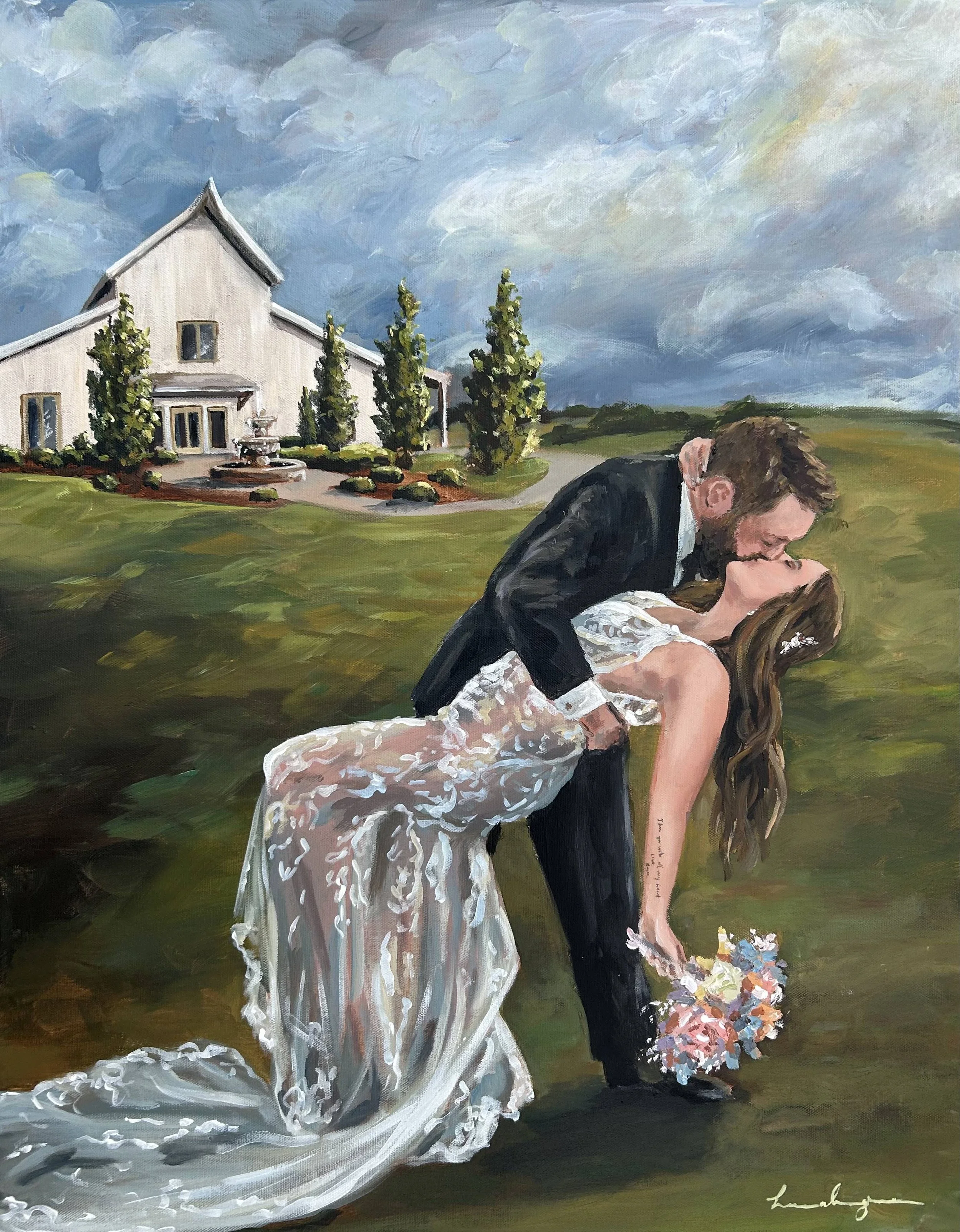 A painting of a couple dancing outdoors against a backdrop of a house with trees and a cloudy sky. The man is wearing a black suit and the woman is in a white dress with lace details, holding a bouquet of flowers.