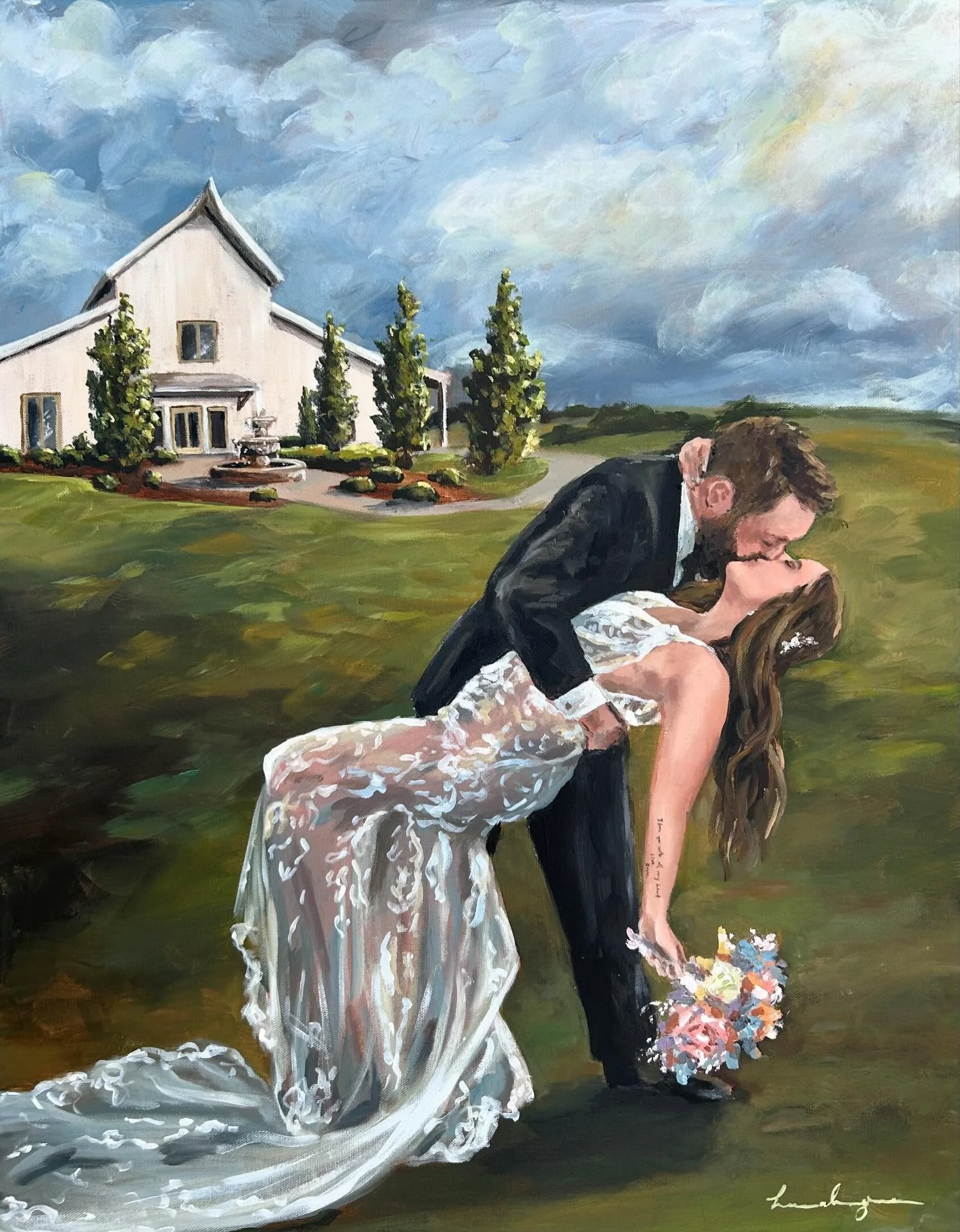 Ben &amp; Kristen 🩵
5.29.26
22x28 - The Signature

I&rsquo;m so proud of this painting. Completed in 5 1/2 hours and one of the most beautiful and detailed dresses I&rsquo;ve had to tackle! The bride and groom wanted the lovely @palaceeventcenter pa