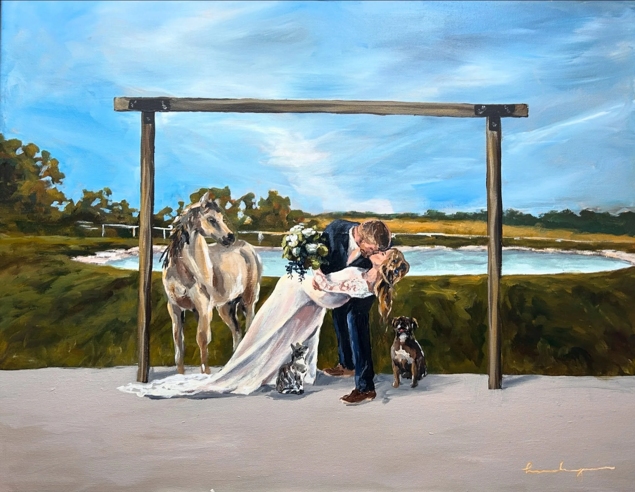 Nathan and Brooke🐎
9.11.26
28x22 - The Signature 

Had the pleasure of painting these two, their cat, dog, anddddd horse into their wedding painting! I must say I&rsquo;m a big big fan!! 

#nebraskawedding #midwestwedding #livepainter #weddingpainti