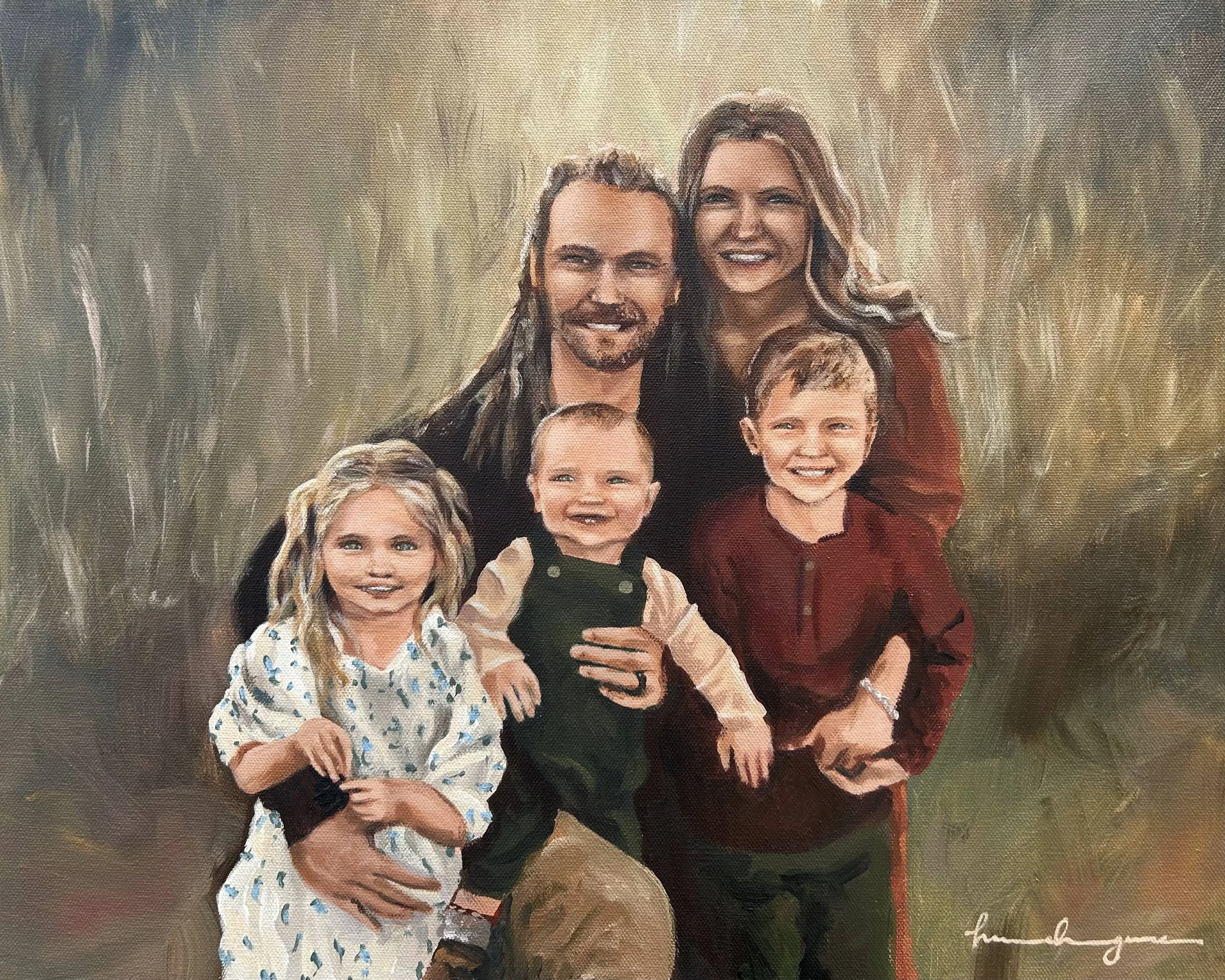 A painting of a family in a meadow smiling at the camera. Parents are proud with their two little boys and a girl.