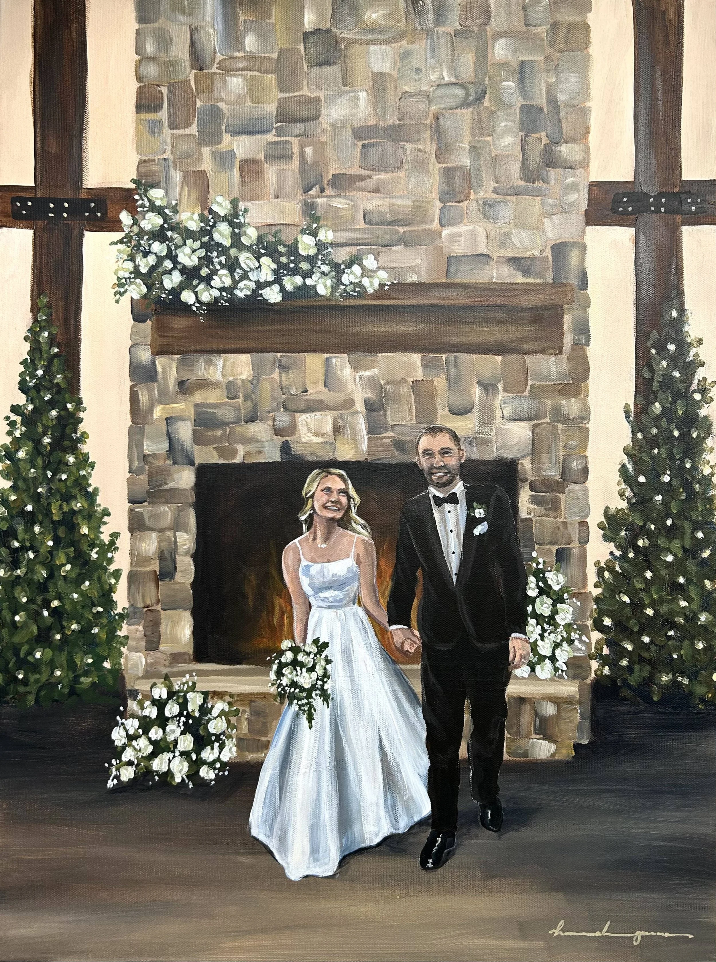 Winter live wedding painting of a bride and groom happily posing in front of a fireplace at Seven Willows in Hickman, NE. 
