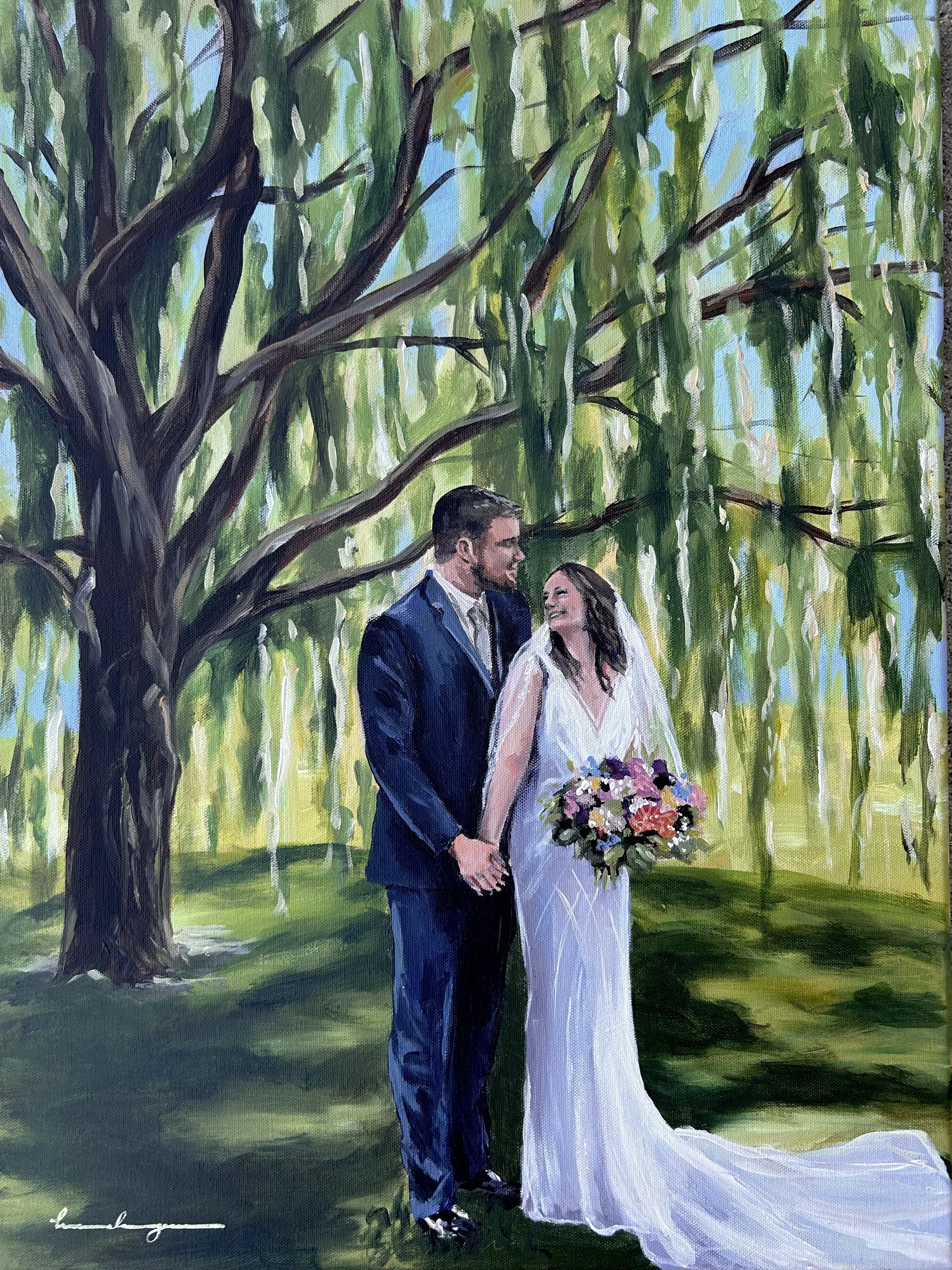 A painting of a newlywed couple outdoors under a large tree. The groom wears a dark suit, and the bride wears a white wedding dress and holds a colorful bouquet. They are looking at each other and holding hands, with a background of a draping willow.