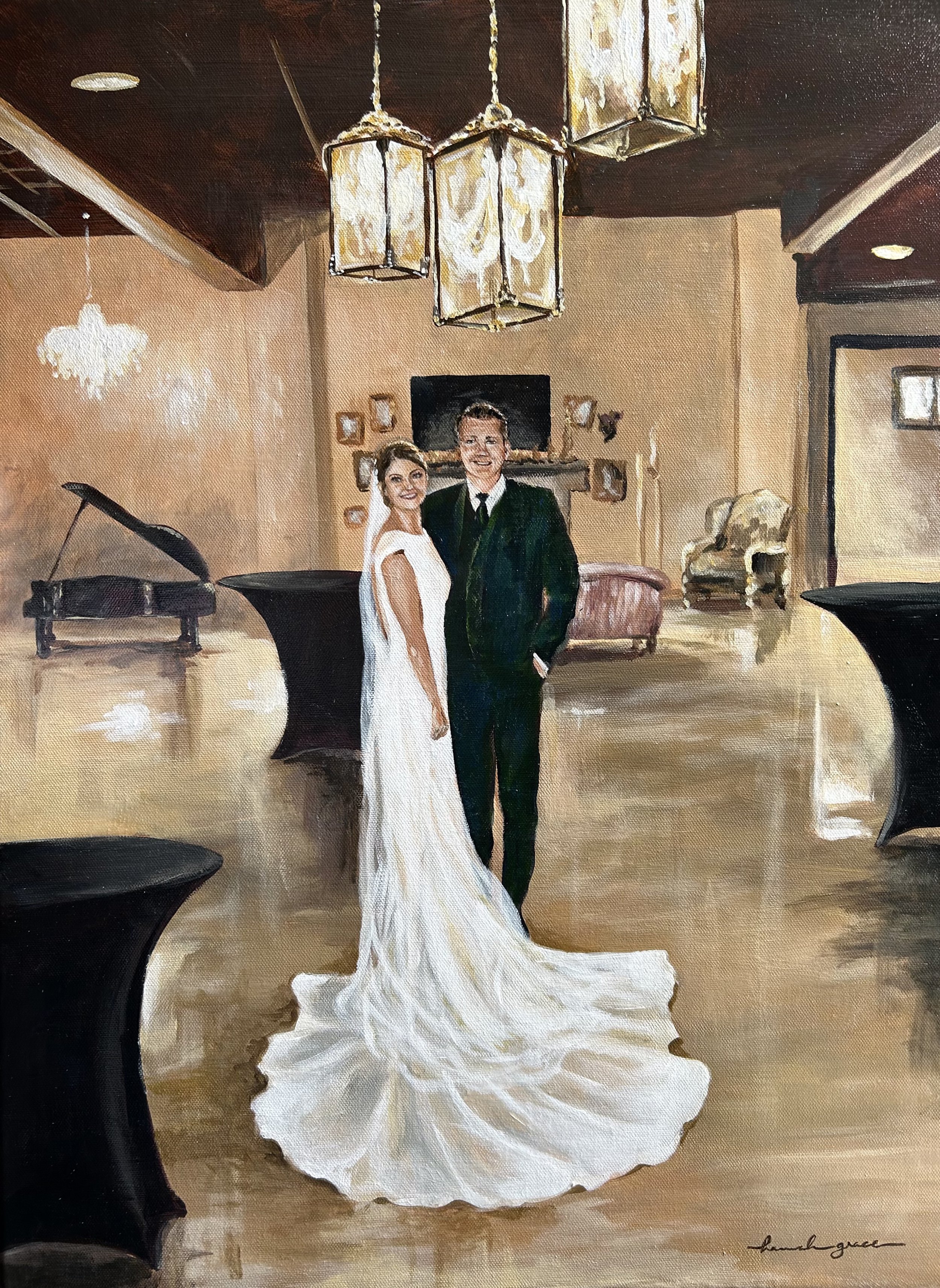 Painting of a bride and groom after their reception in Omaha, Nebraska.