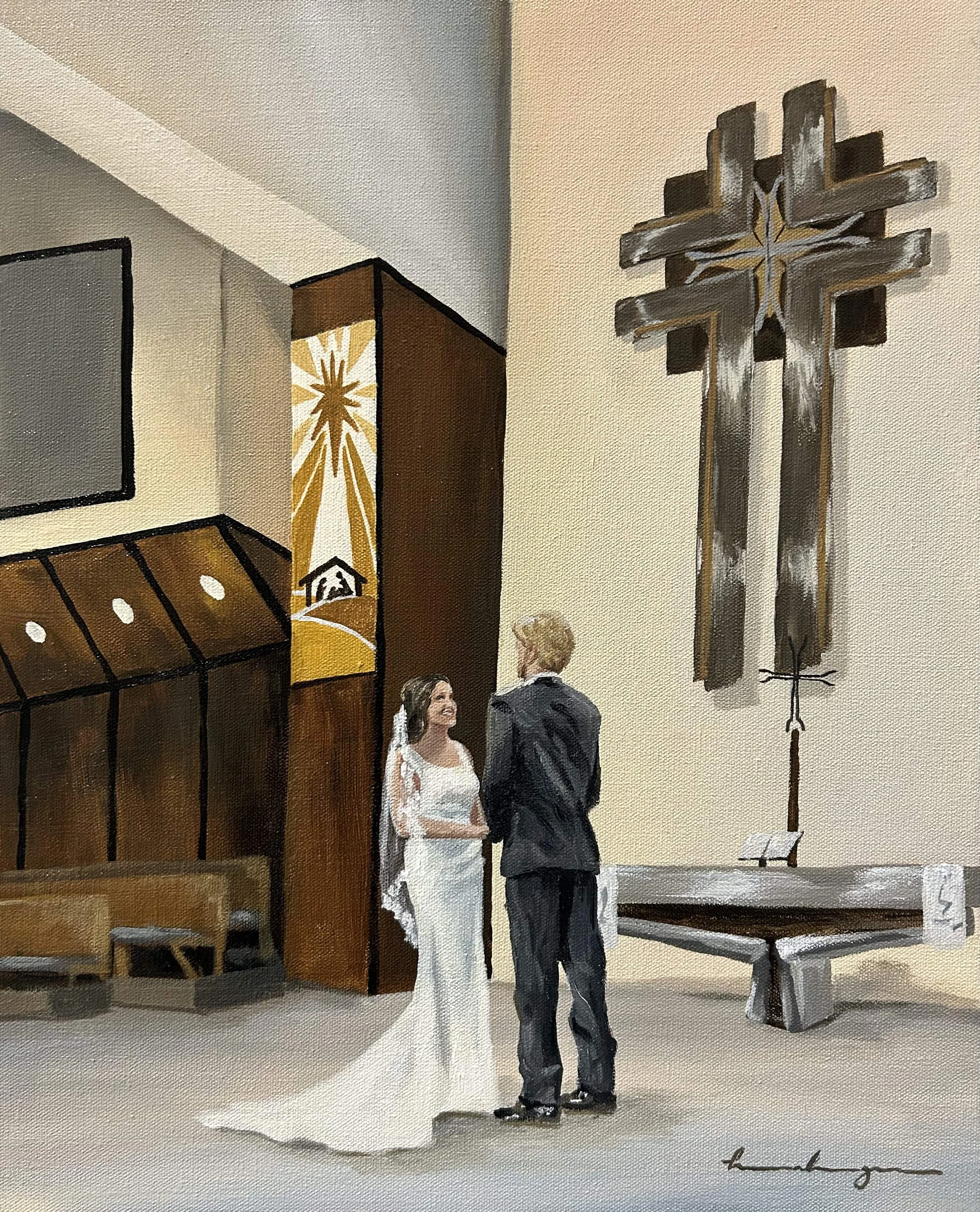 Painting of a bride and groom at Divine Shepard Lutheran Church in Omaha. They are sharing their vows under a cross during their ceremony.