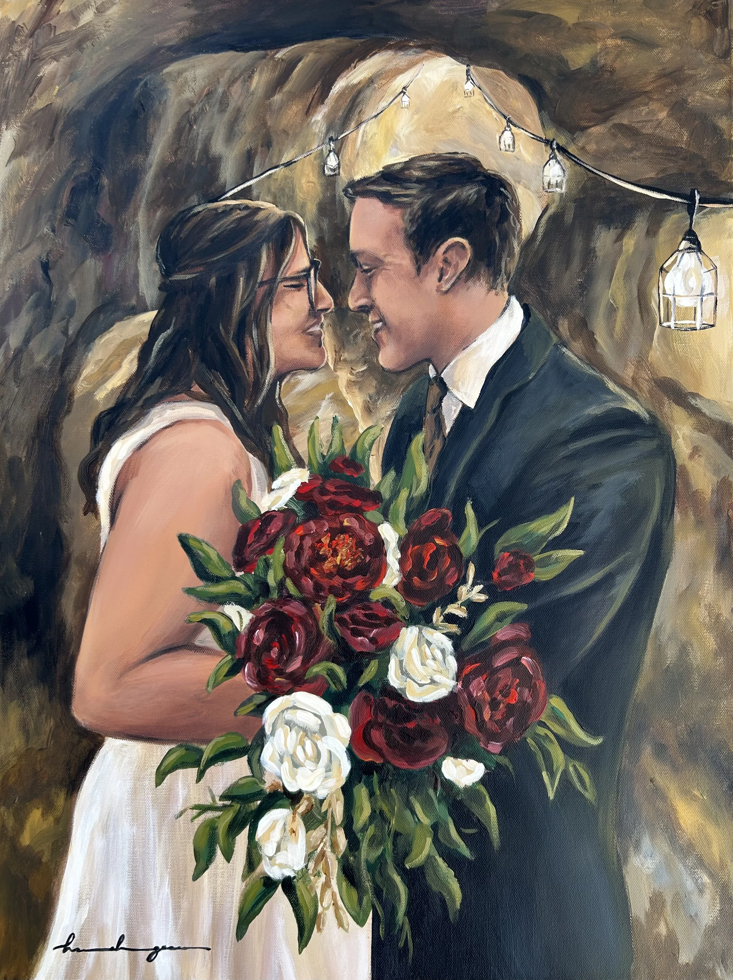 Painting of a bride and groom holding a large bouquet of red and white flowers, standing close together and smiling, with string lights hanging above them in a rustic setting.
