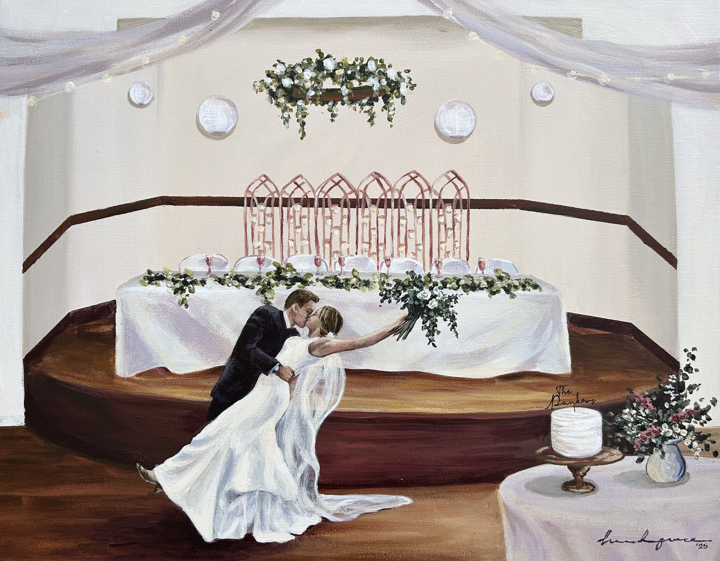 Painting of a bride and groom dancing in a wedding reception hall. They share a kiss in a dance pose. The hall features a head table decorated with white cloth and greenery. A round table with a wedding cake and flowers is in the foreground.
