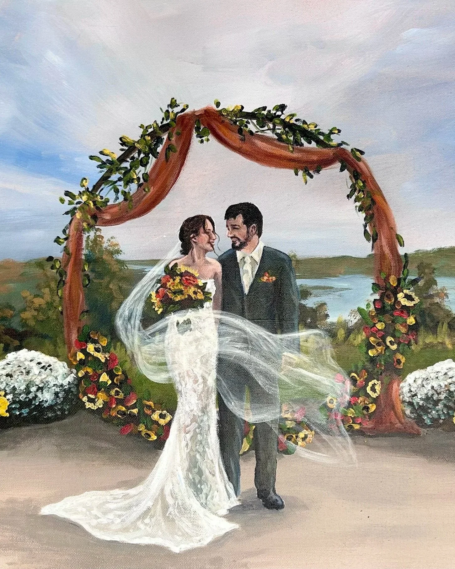 Painting of a bride and groom on a windy day near Omaha, Nebraska. The wind is blowing her veil and her groom gazes upon her with joy.