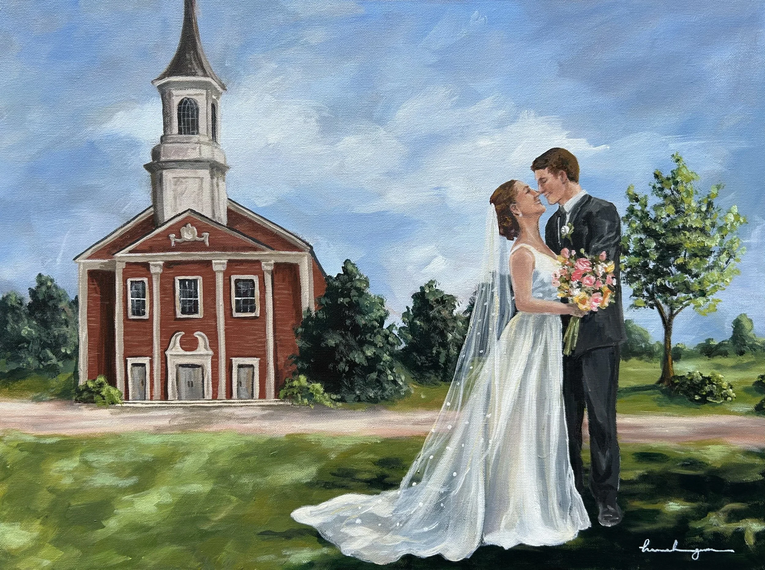 A painting of a bride and groom standing in front of a red church with a white steeple. The bride is holding a bouquet of flowers, and they are touching noses, smiling. There are trees and a blue sky with some clouds in the background.
