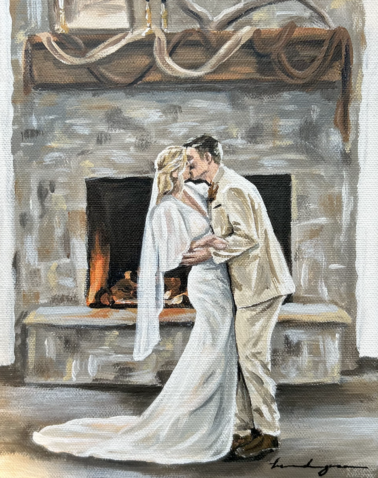 A painting of a couple dancing in front of a fireplace, with the woman in a white dress and the man in a light-colored suit.