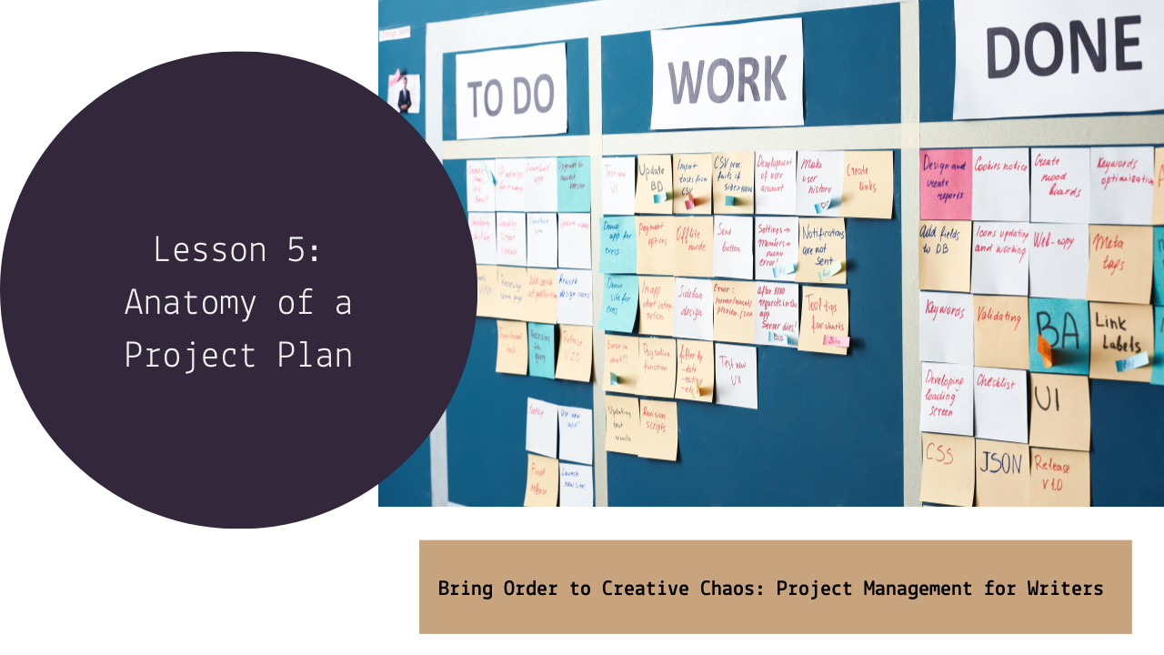A project management board divided into three sections labeled 'To Do,' 'Work,' and 'Done,' covered with colorful sticky notes outlining tasks. Overlaid text on the image reads 'Lesson 5: Anatomy of a Project Plan' and 'Bring Order to Creative Chaos: Project Management for Writers.'