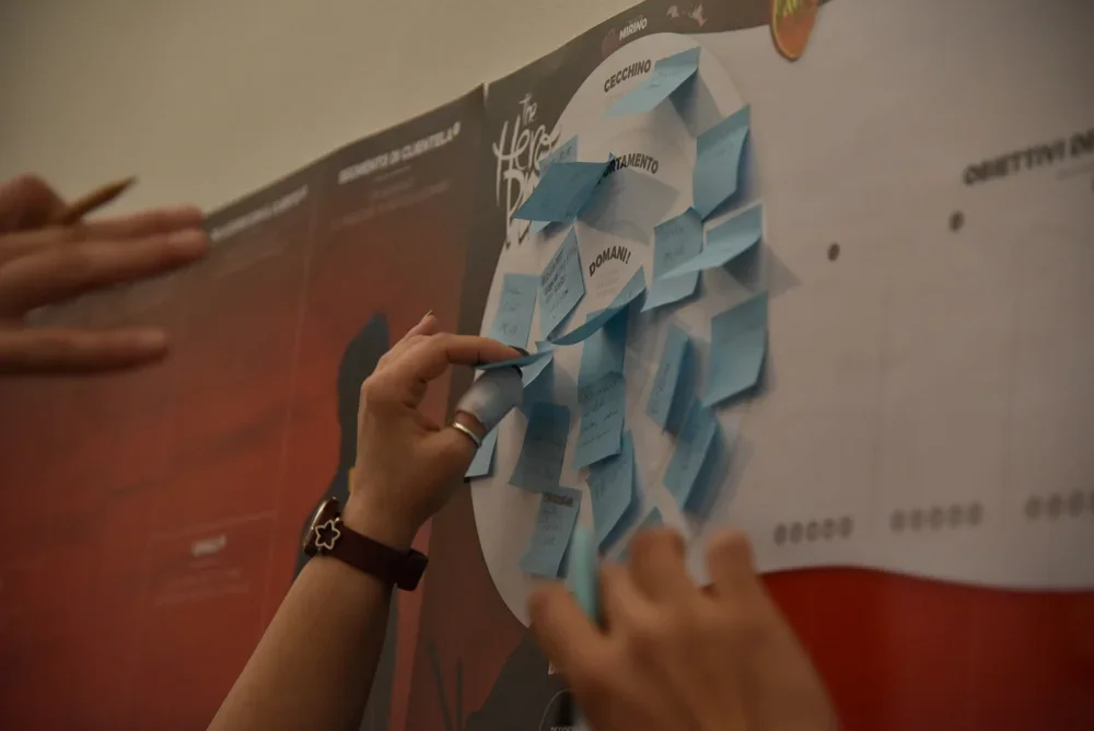 Hands placing blue sticky notes on a poster with various sections and text.