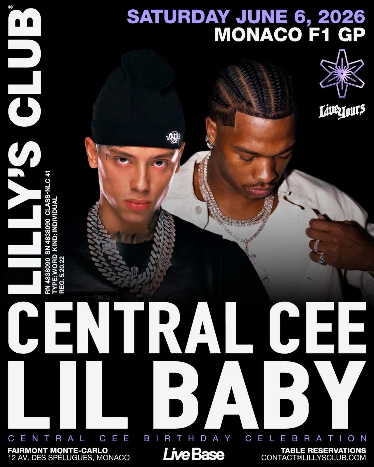 Concert poster for Lilly's Club Monaco F1 GP event on Saturday, June 6, 2026, featuring pictures of Lil Baby and Central Cee, black background, and event details.