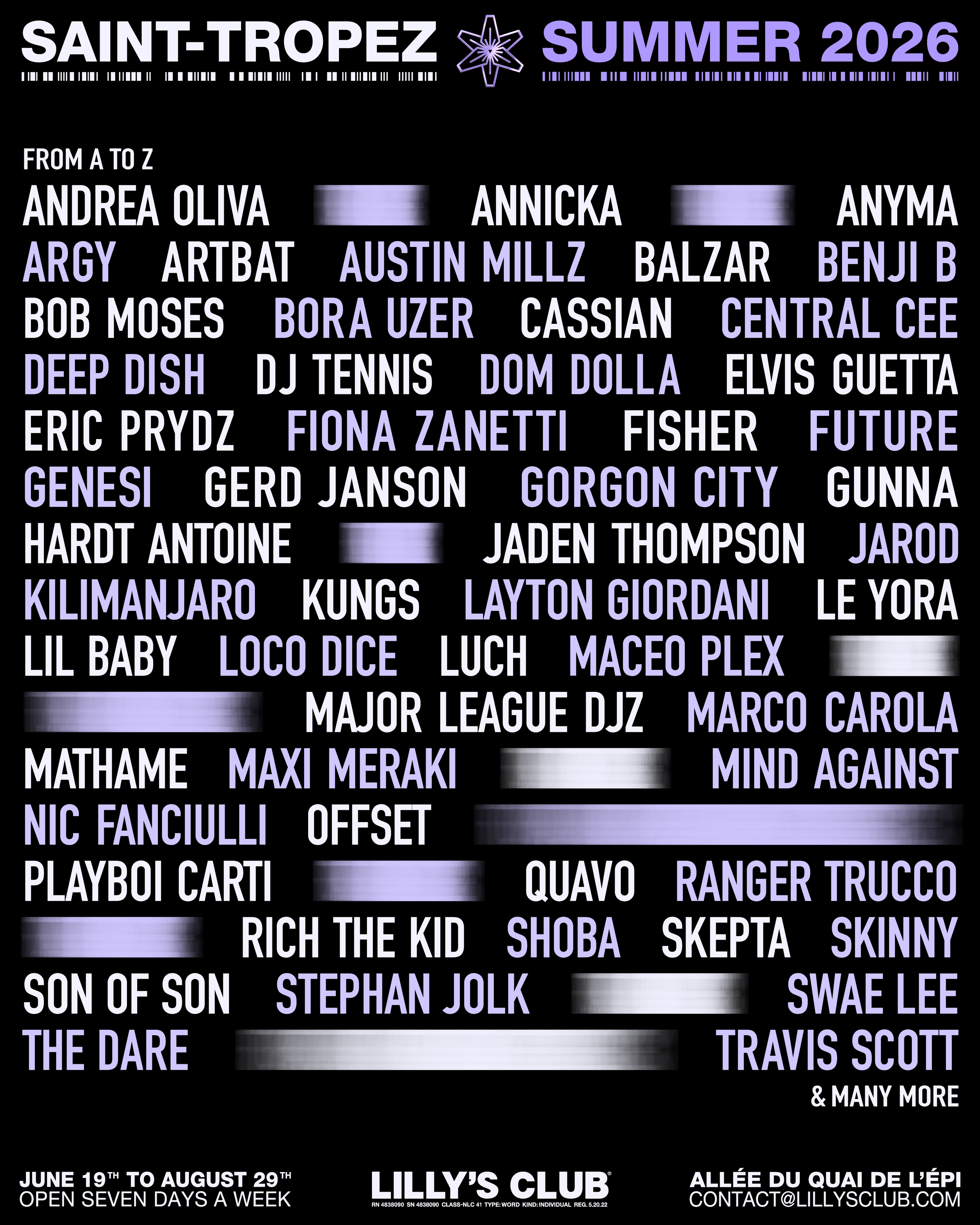 Event poster for Lilly's Club Saint-Tropez Summer 2026 music line-up, featuring a list of performers and event dates at Lily's Club in Saint-Tropez, South of France, from June 19 to August 29.