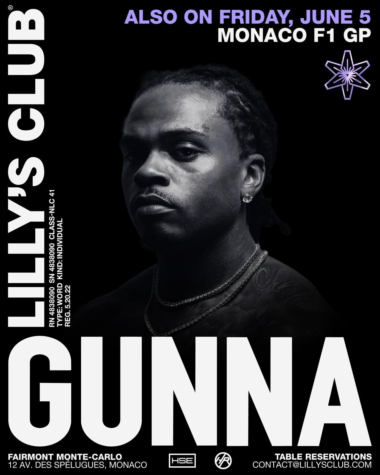 Black and white promotional poster featuring a portrait of Lil Yachty, promoting his concert in Monaco F1 GP on June 5, with event details at bottom and a neon star design in the top right corner.