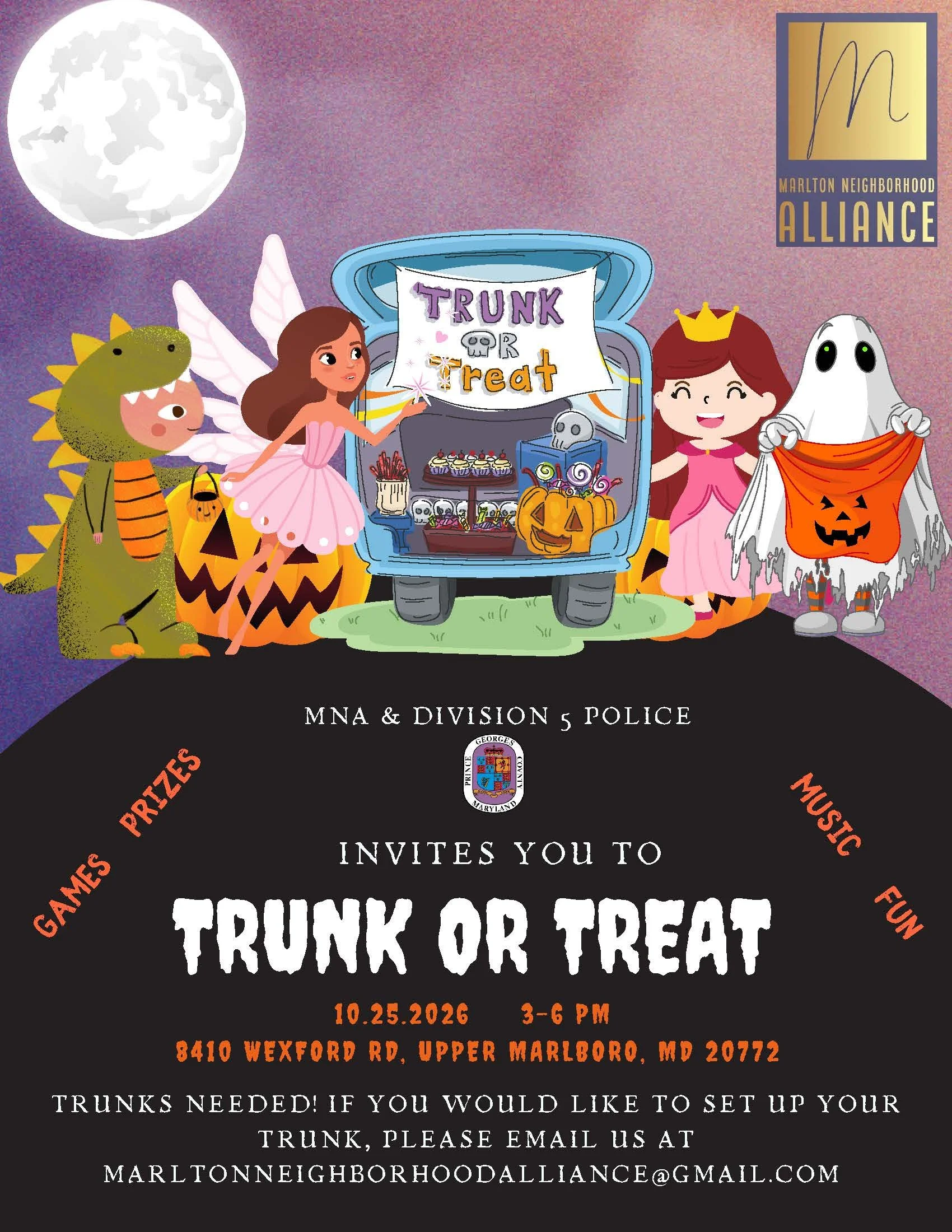 MNA is looking for volunteers, Trunkers for our Treat or Treat Sunday, Oct 25th, 3-6pm. Marlton Pool 8410 Wexford Upper Marlboro, MD 20772. Text me at 301-412-7811