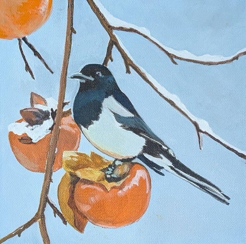 Persimmons & Magpie, 8" x 8" Acrylic on Canvas