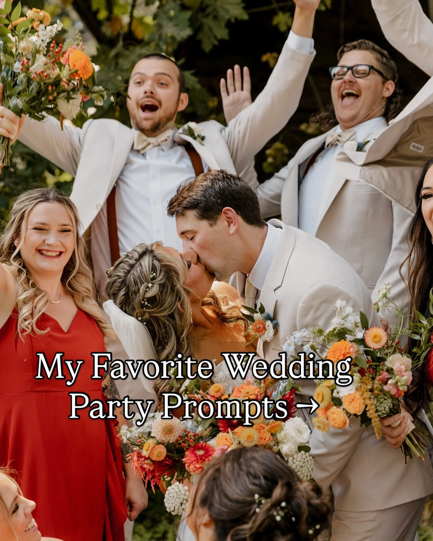 Here are my favorite prompts for fun wedding party photos!

&bull; See if the groomsmen or bridesmaids can cheer louder (and look the loudest) when the bride and groom kiss

&bull; Have the wedding party create a tunnel for the bride and groom to wal