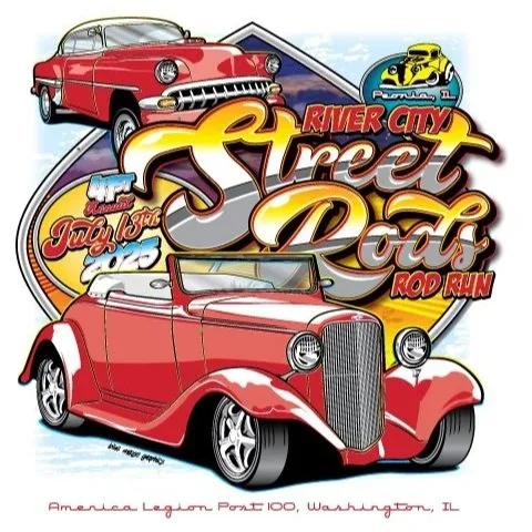 Screen printing, silkscreen design, t-shirt art, hot rod art, car show designs, drag racing, car show apparel, vintage car show art, Gasser, 32 Ford convertible, Chicago, Peoria,