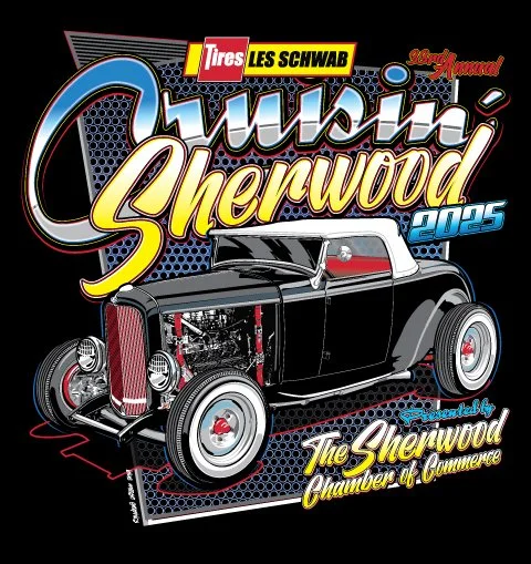 Screen printing, silkscreen design, t-shirt art, hot rod art, car show designs, drag racing, car show apparel, vintage car show art, duce coop, roadsters, 32 Ford, Sherwood Oregon, Cruisin Sherwood