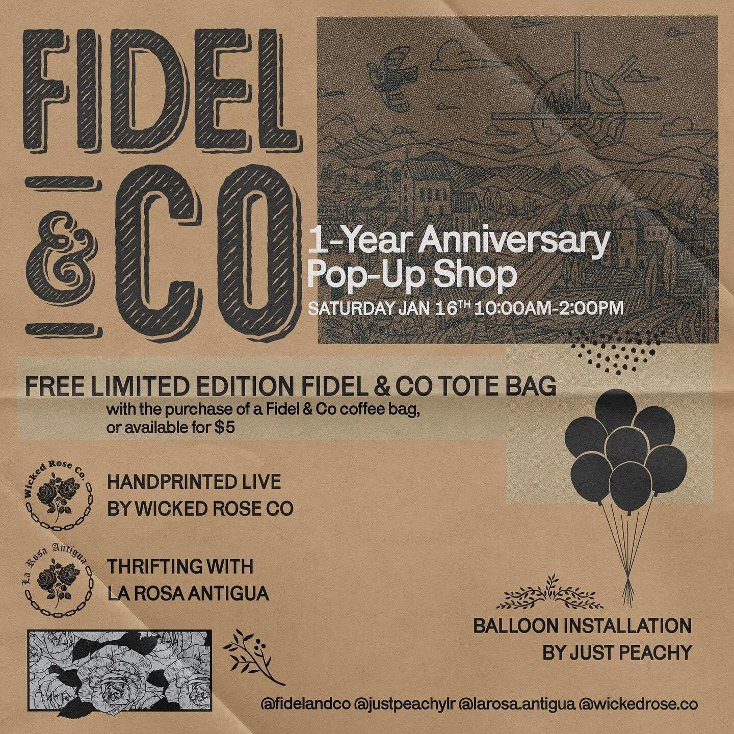 TOMORROW!🥀 We’re kicking off this year celebrating the 1 year anniversary of our great friends over at @fidelandco !🎉 We’ll be running a live screen printing demo from 10-2 and our sister brand, @larosa.antigua will be set up outside wi