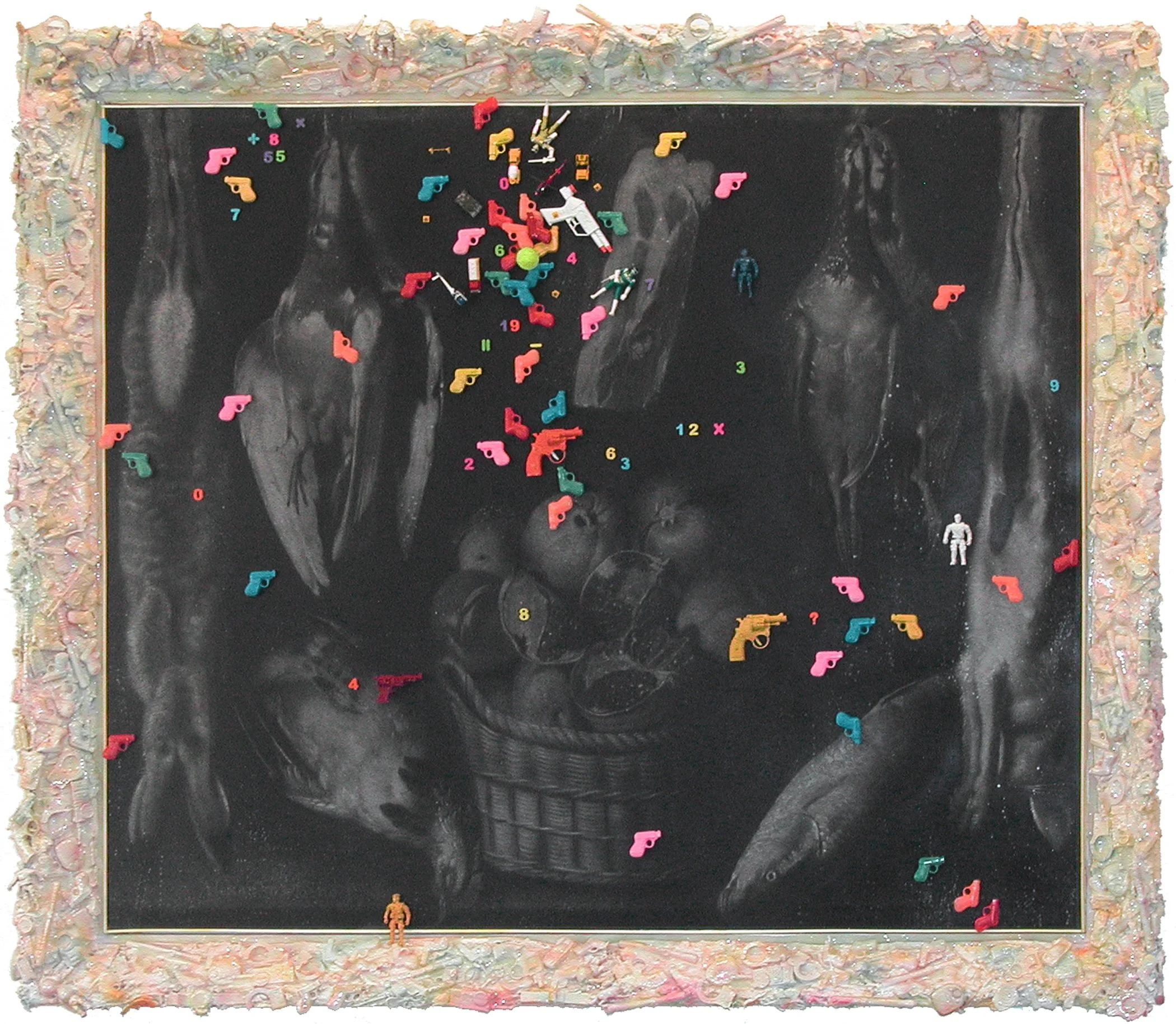 STILL LIFE IN FRAME WITH FRUIT & GAME | Graphite and charcoal on canvas in mixed media frame 81”x  96”,  2006