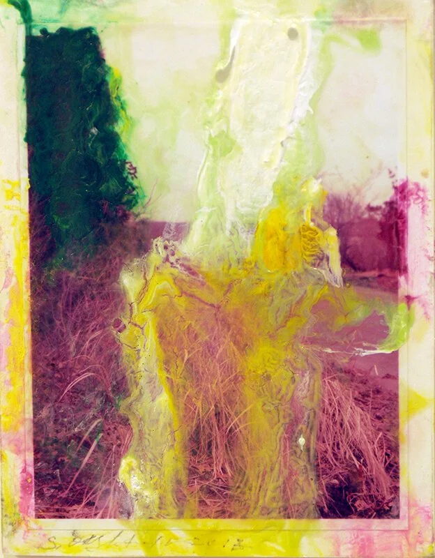 LANDSCAPE #2, 2018 
Mixed media on vintage postcard mounted on board, 7”x 5.5”    Provenance:  Janet Lehr Gallery, Easthampton, NY, 2018