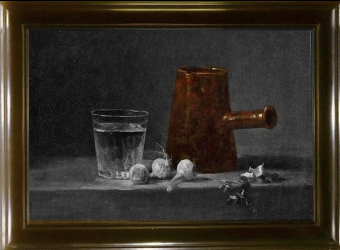 GLASS OF WATER & COFFEE POT, 2008 
After Still Life by Chardin, 1760 
Graphite & oil on canvas, 54″ x 68″