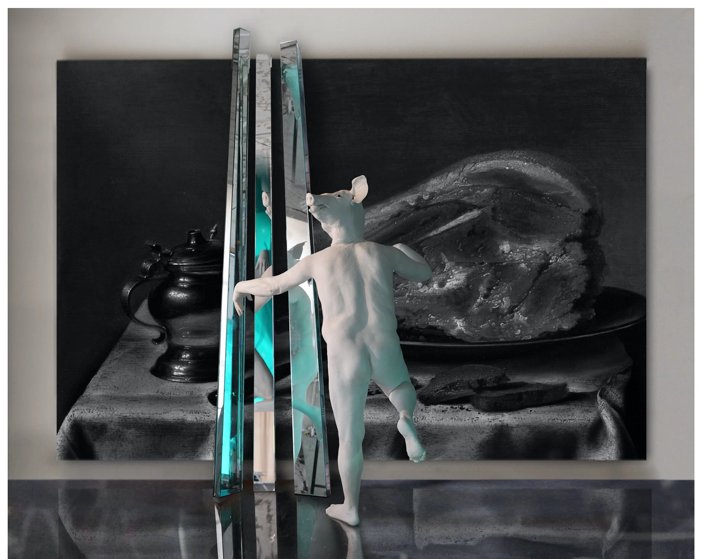 STILL LIFE WITH PORK SHOULDER BUTT Oil on canvas with glass mirror panels | 142"x 117"x10"   Fiberglass & marble dust sculpture  | 70"x 40", 2008  Estate