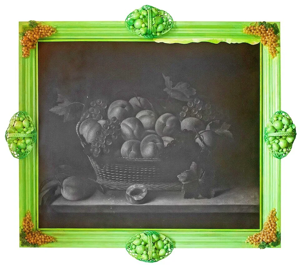 STILL LIFE IN GREEN FRAME WITH GRAPES Graphite and charcoal on canvas in mixed media frame | 82”x 89”, 2005   Estate